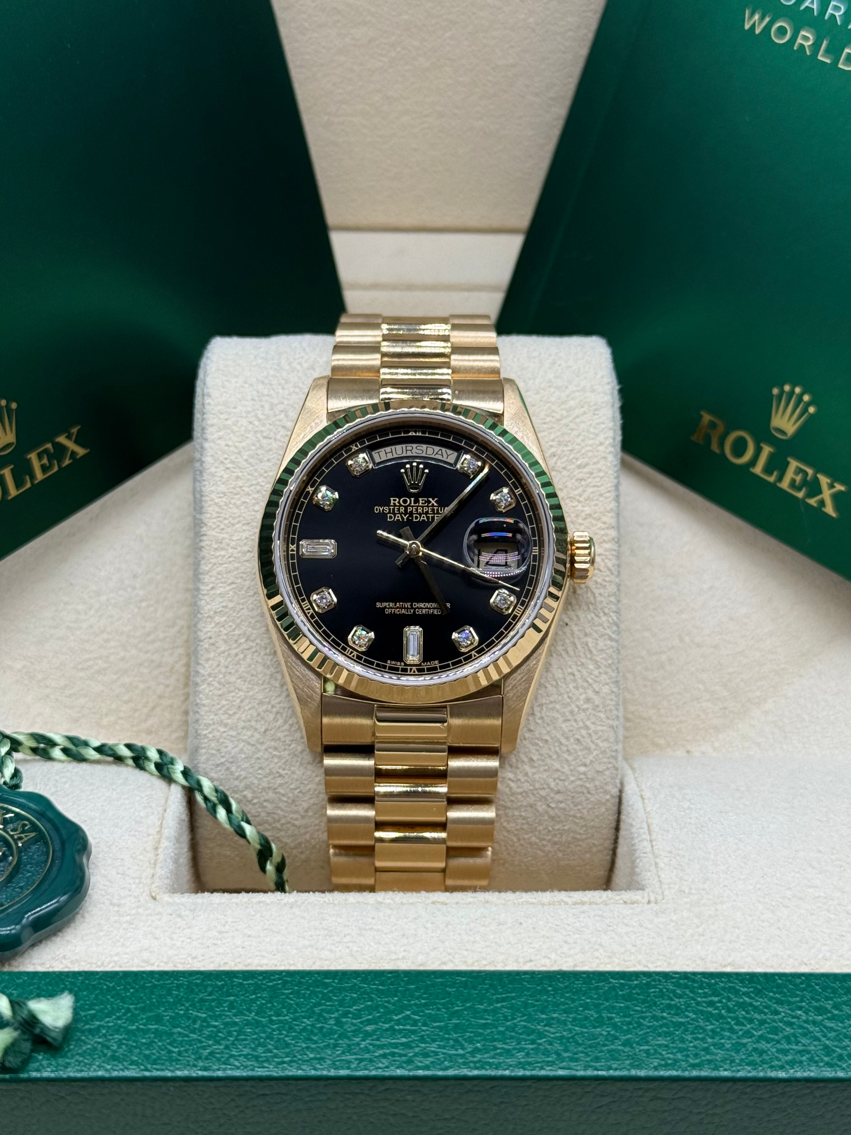 Rolex Day-Date 36mm 18K Yellow Gold Factory Black Baguette Diamond Dial Fluted Bezel President Bracelet