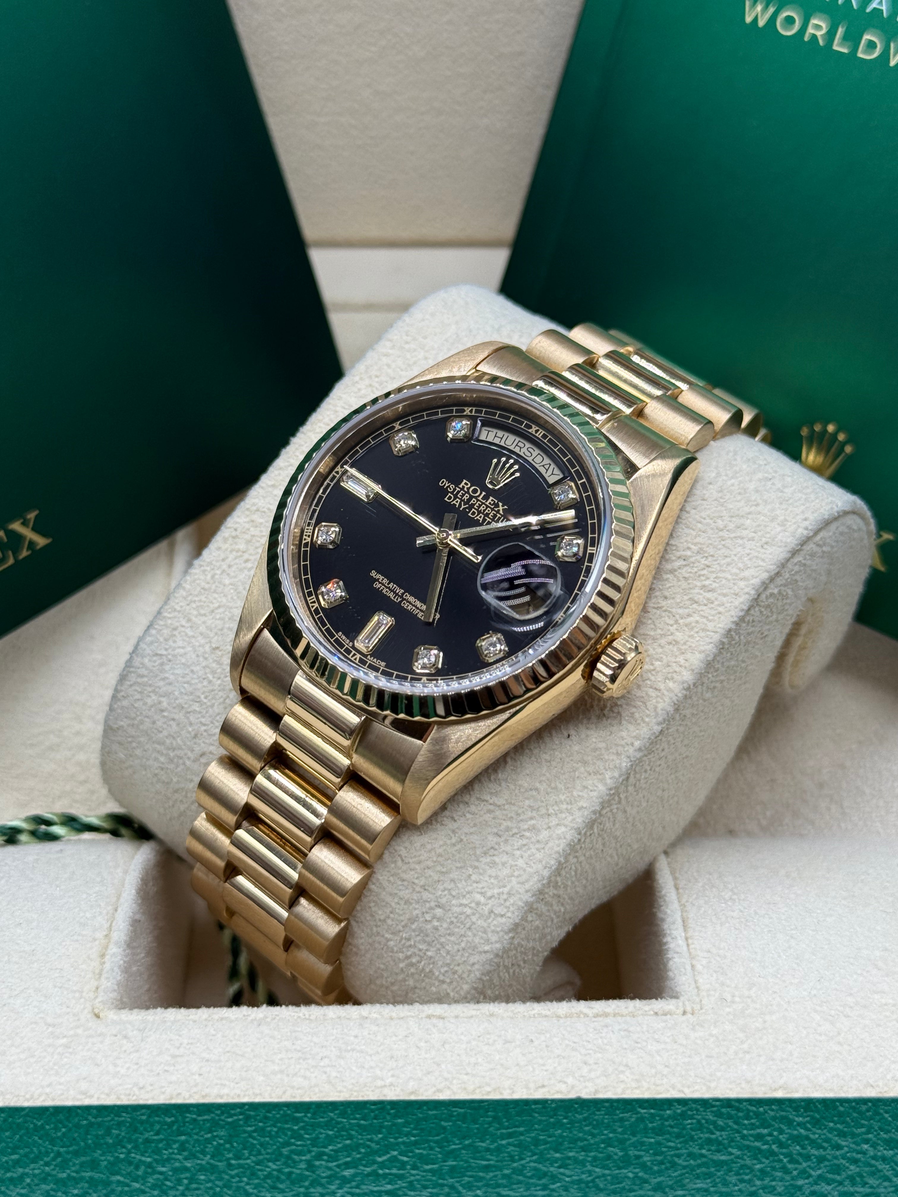 Rolex Day-Date 36mm 18K Yellow Gold Factory Black Baguette Diamond Dial Fluted Bezel President Bracelet