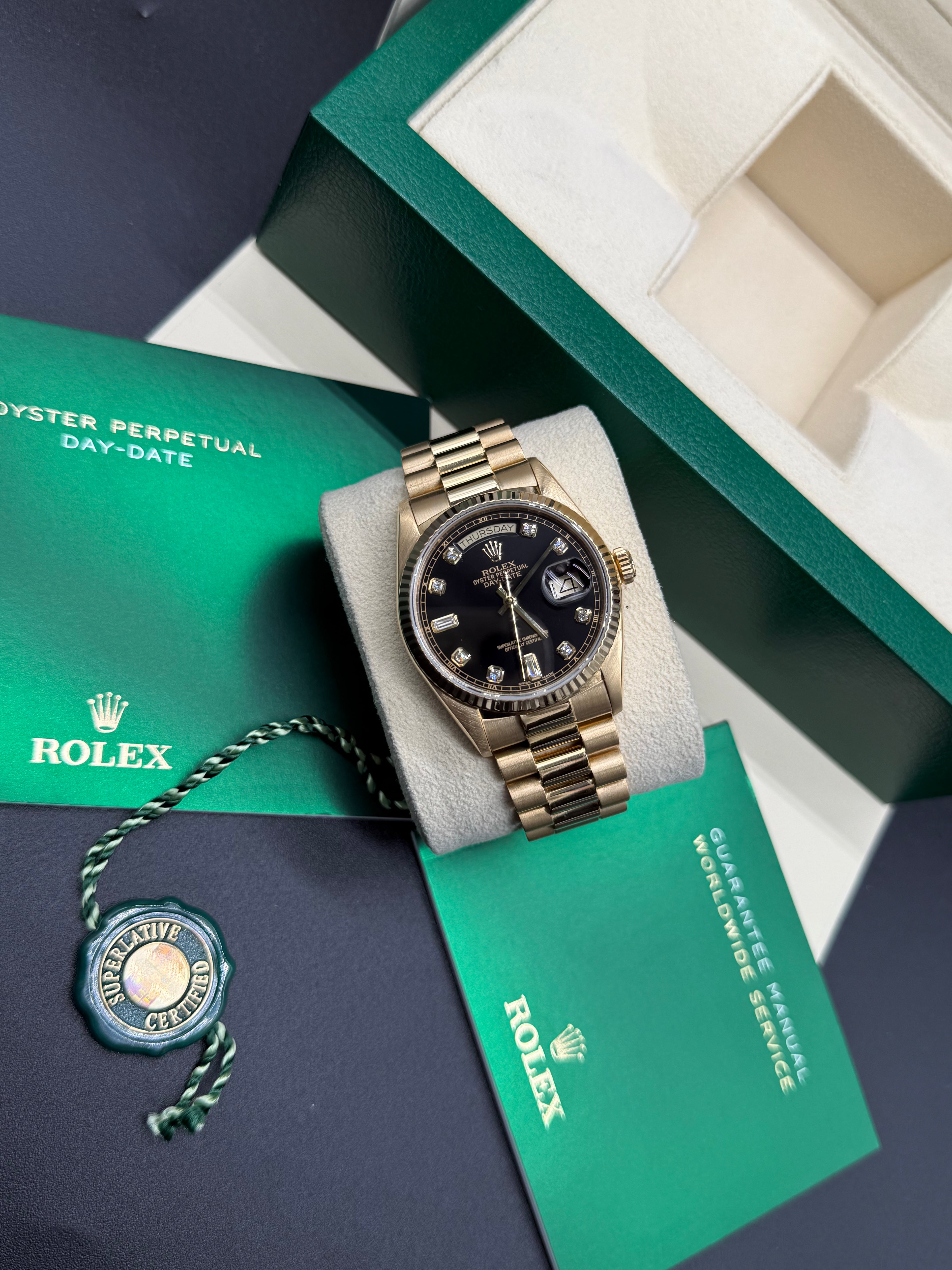 Rolex Day-Date 36mm 18K Yellow Gold Factory Black Baguette Diamond Dial Fluted Bezel President Bracelet