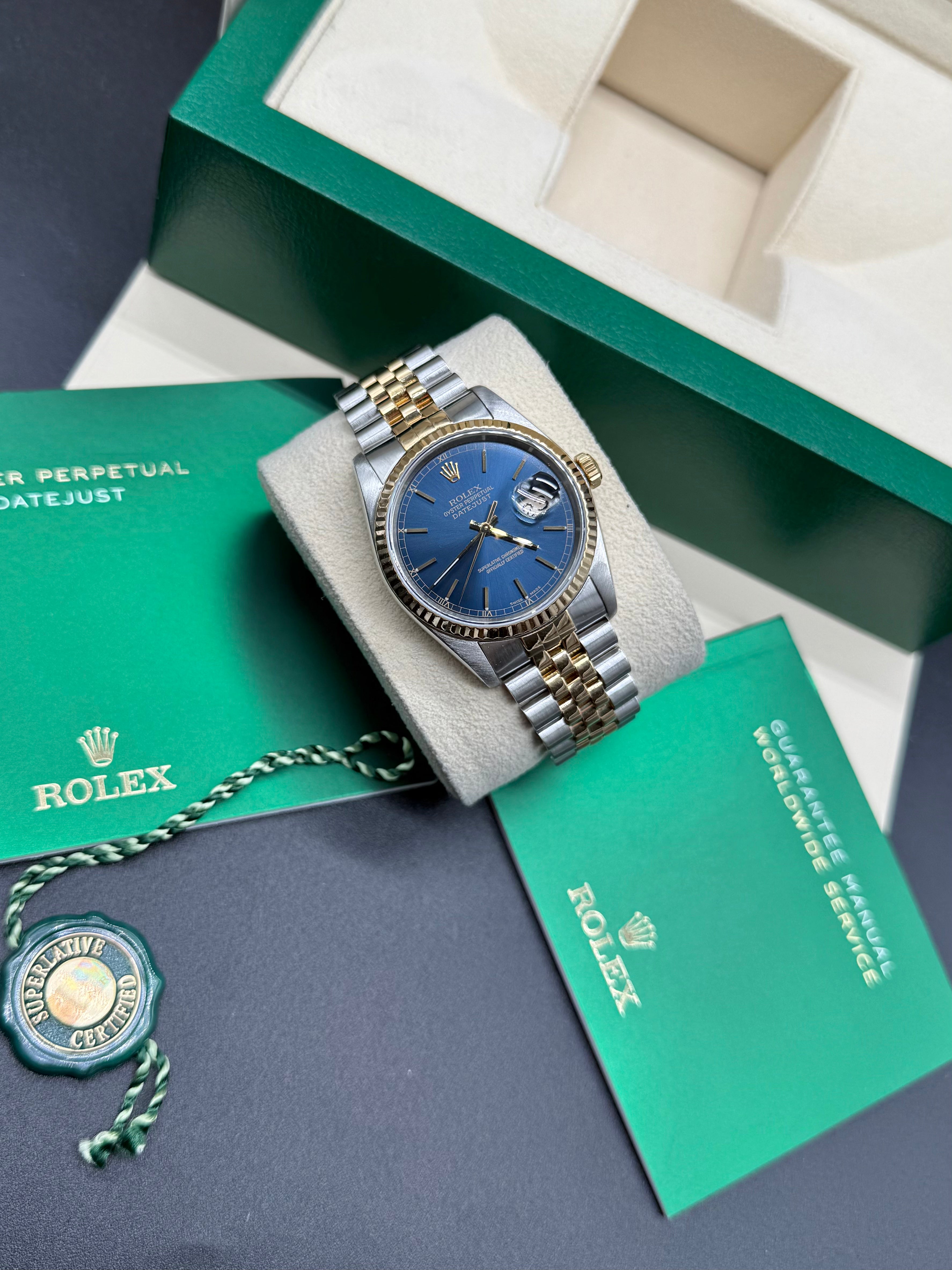 Rolex Datejust 36mm Two-Tone Stainless Steel & 18K Yellow Gold Blue Dial Stick Hour Markers Fluted Bezel Jubilee Bracelet