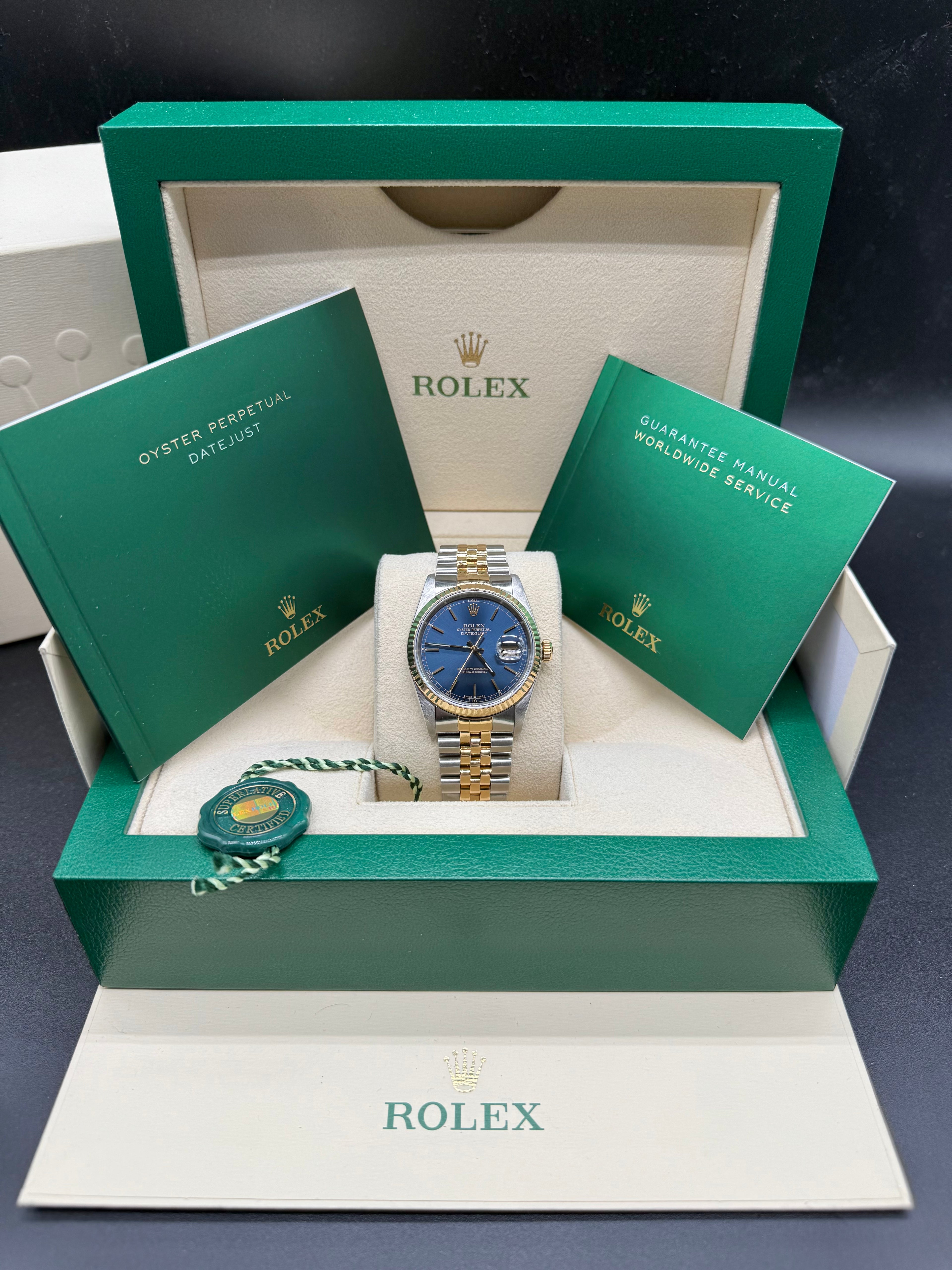 Rolex Datejust 36mm Two-Tone Stainless Steel & 18K Yellow Gold Blue Dial Stick Hour Markers Fluted Bezel Jubilee Bracelet
