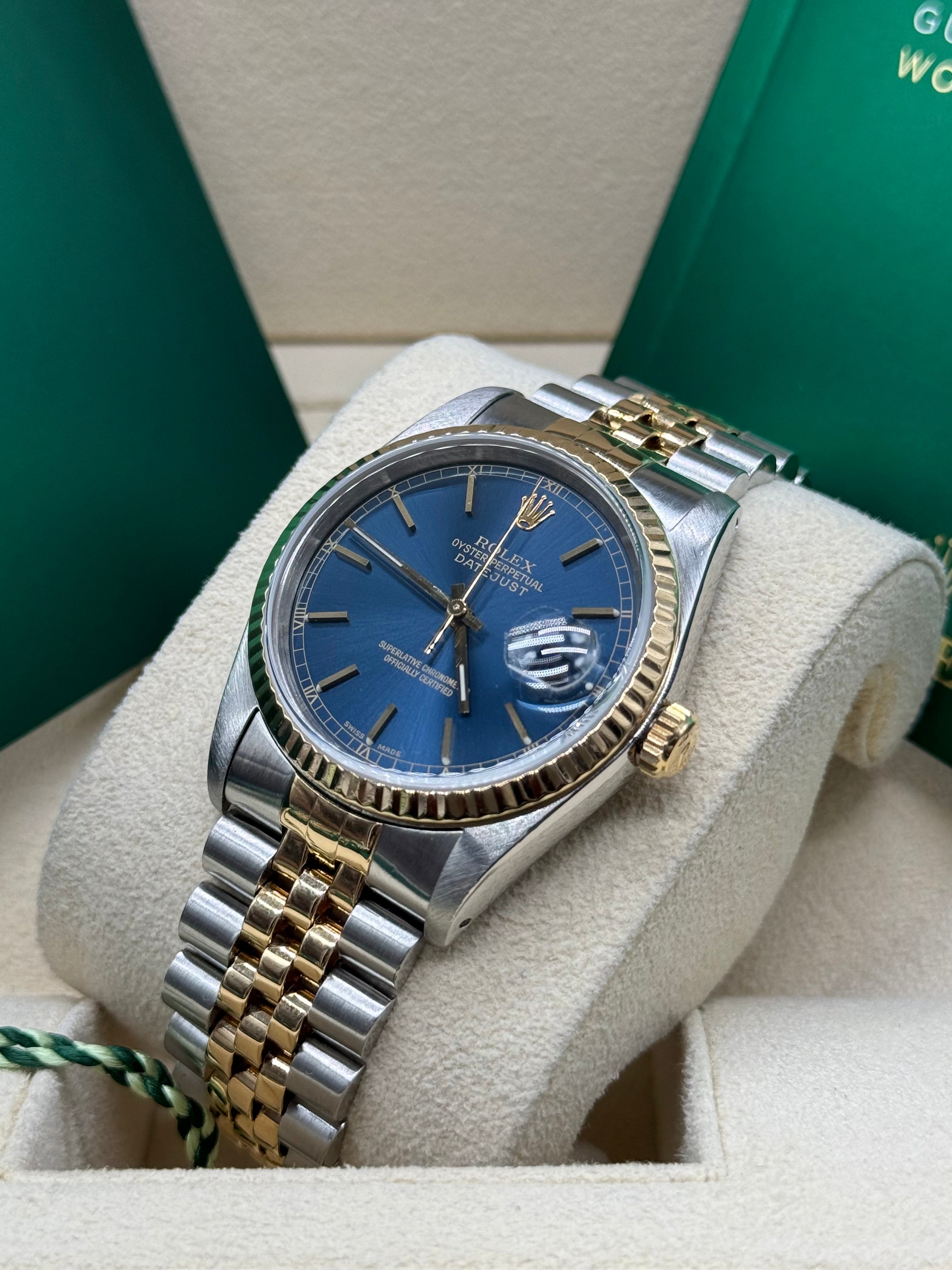 Rolex Datejust 36mm Two-Tone Stainless Steel & 18K Yellow Gold Blue Dial Stick Hour Markers Fluted Bezel Jubilee Bracelet
