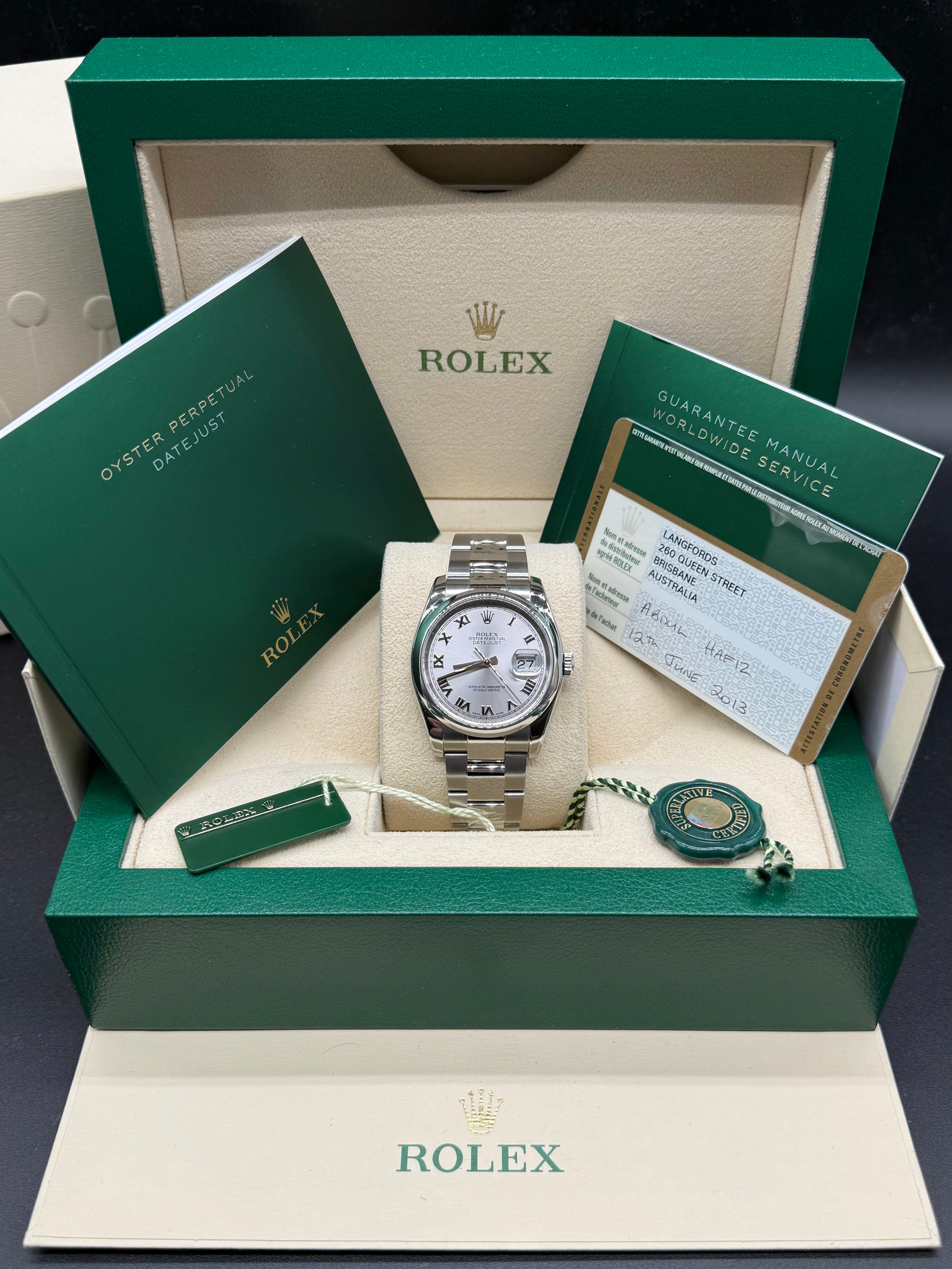 Rolex Datejust 36mm Steel Silver Roman Numeral Dial Oyster Bracelet
