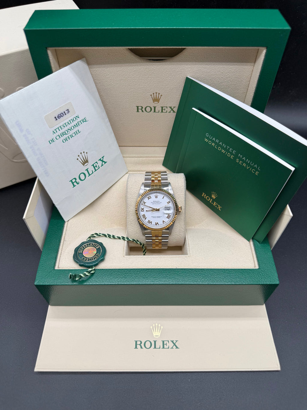 Rolex Datejust 36mm Two-Tone Stainless Steel & 18K Yellow Gold White Roman Numeral Dial Fluted Bezel Jubilee Bracelet