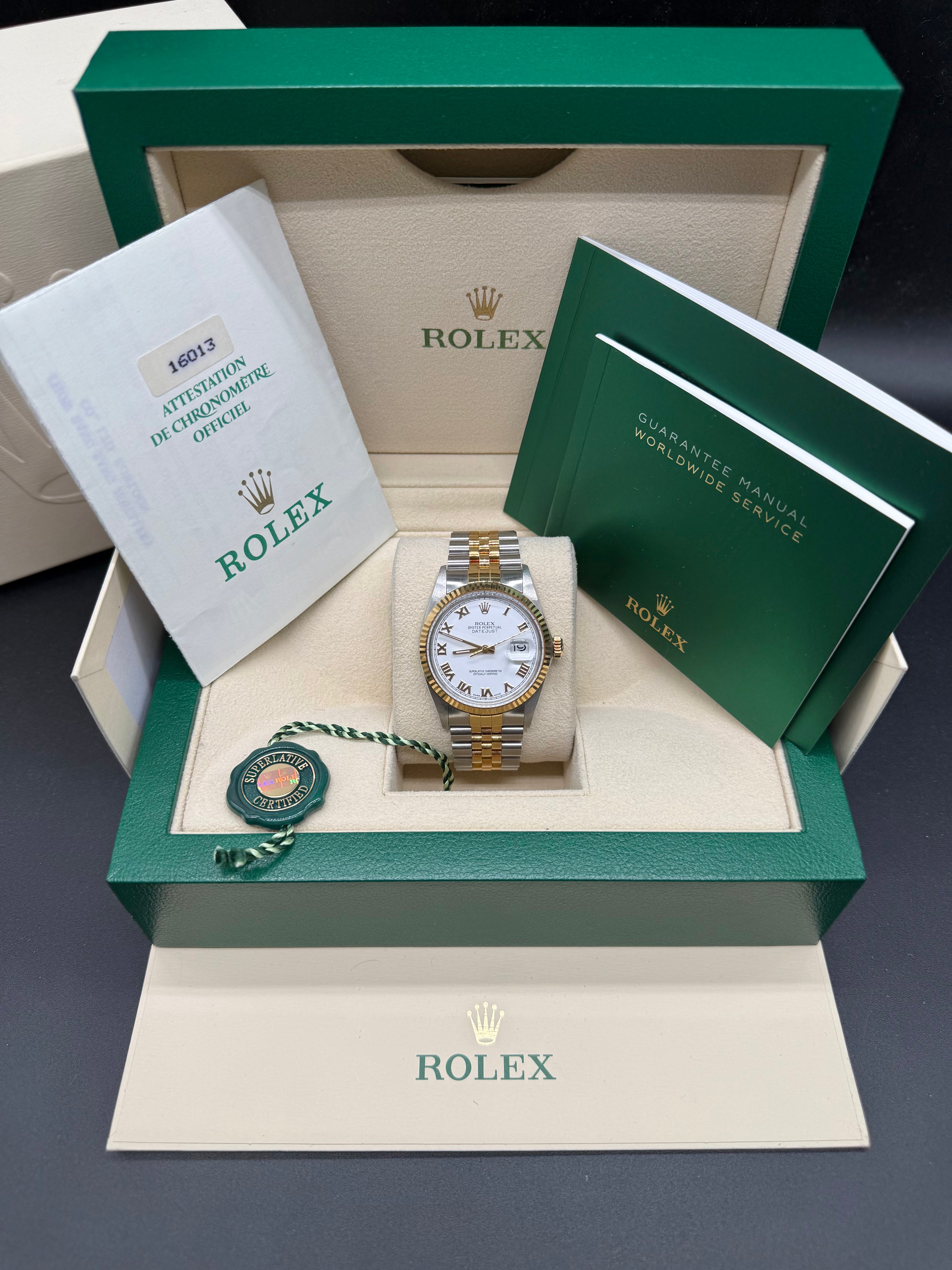 Rolex Datejust 36mm Two-Tone Stainless Steel & 18K Yellow Gold White Roman Numeral Dial Fluted Bezel Jubilee Bracelet