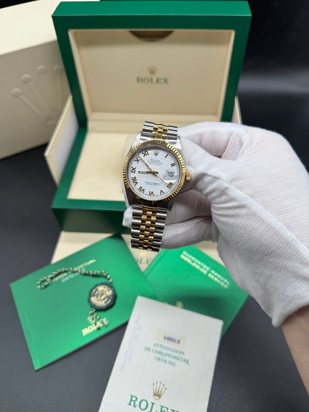 Rolex Datejust 36mm Two-Tone Stainless Steel & 18K Yellow Gold White Roman Numeral Dial Fluted Bezel Jubilee Bracelet