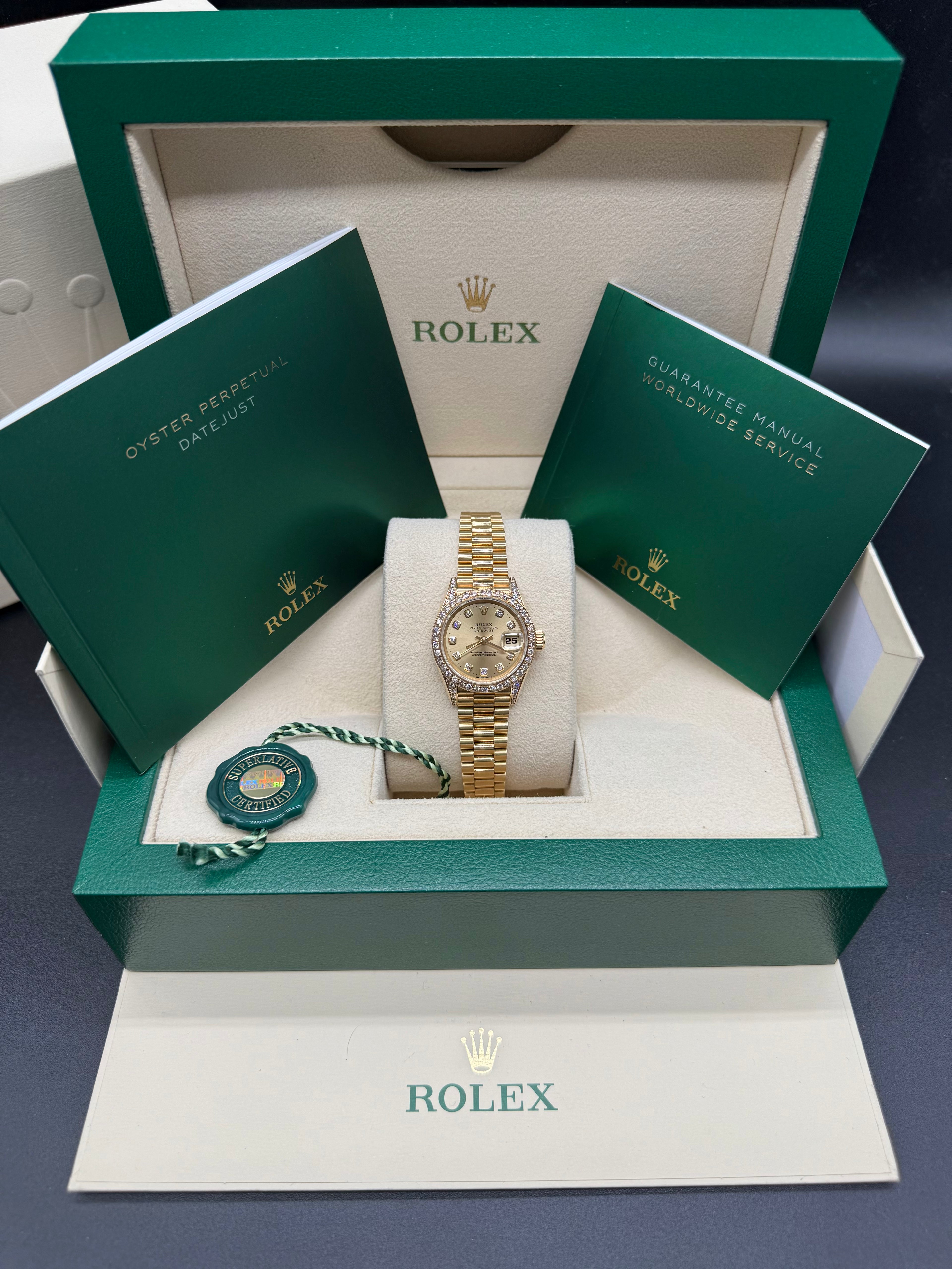 Rolex Lady-Datejust 26mm 18K Yellow Gold Champagne Diamond Dial Diamond Bezel President Bracelet