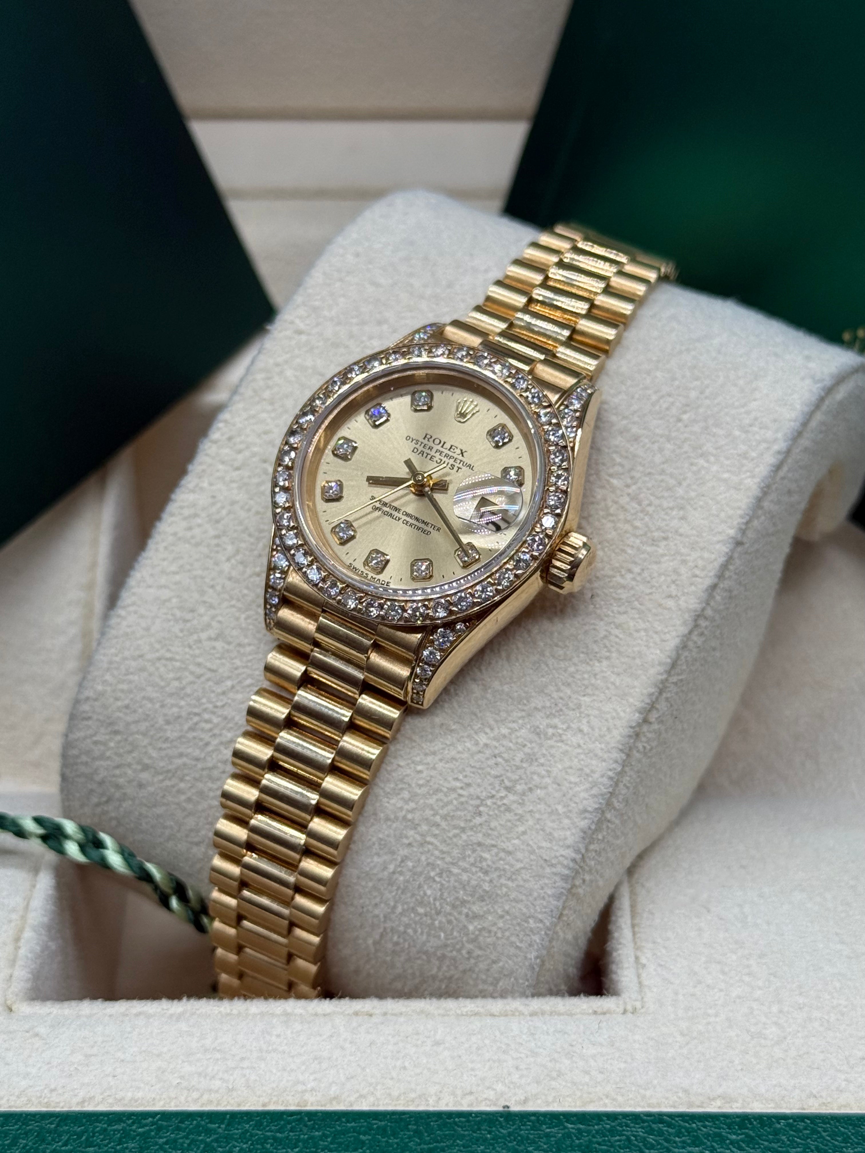 Rolex Lady-Datejust 26mm 18K Yellow Gold Champagne Diamond Dial Diamond Bezel President Bracelet