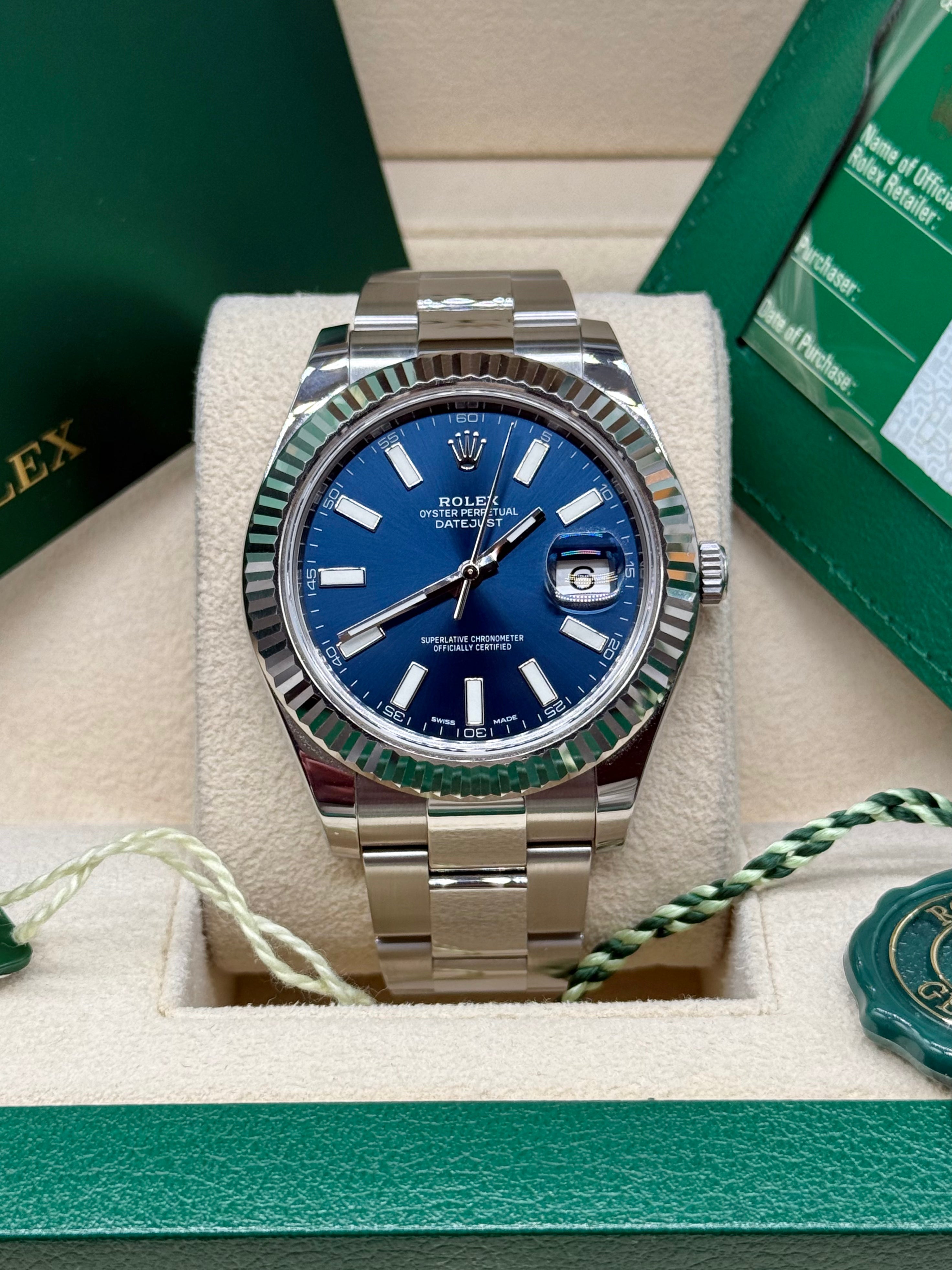 Rolex Datejust 41mm Stainless Steel Blue Dial Fluted Bezel Oyster Bracelet