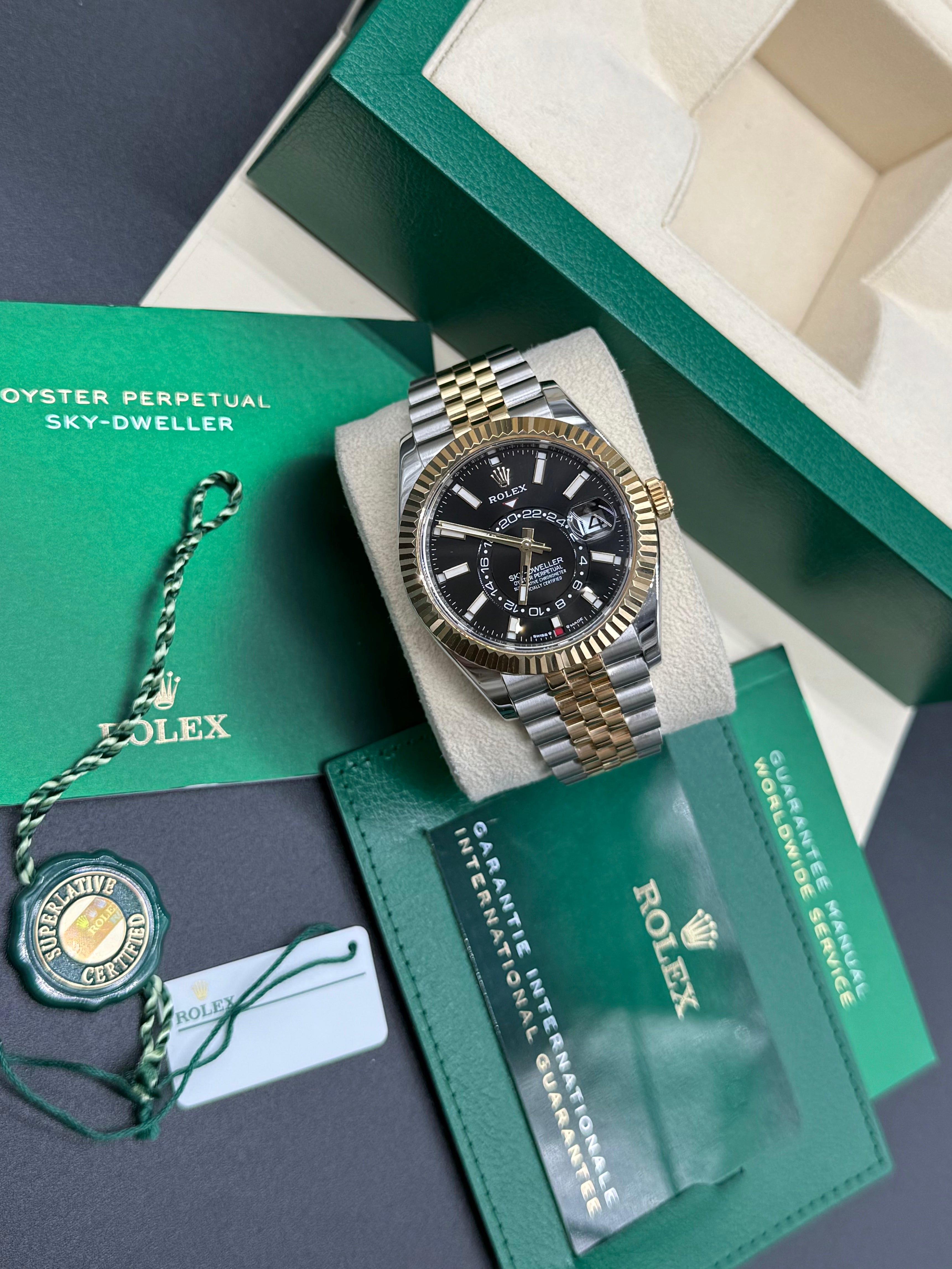 Rolex Sky-Dweller 42mm Two-Tone Stainless Steel & 18K Yellow Gold Black Dial Fluted Bezel Jubilee Bracelet