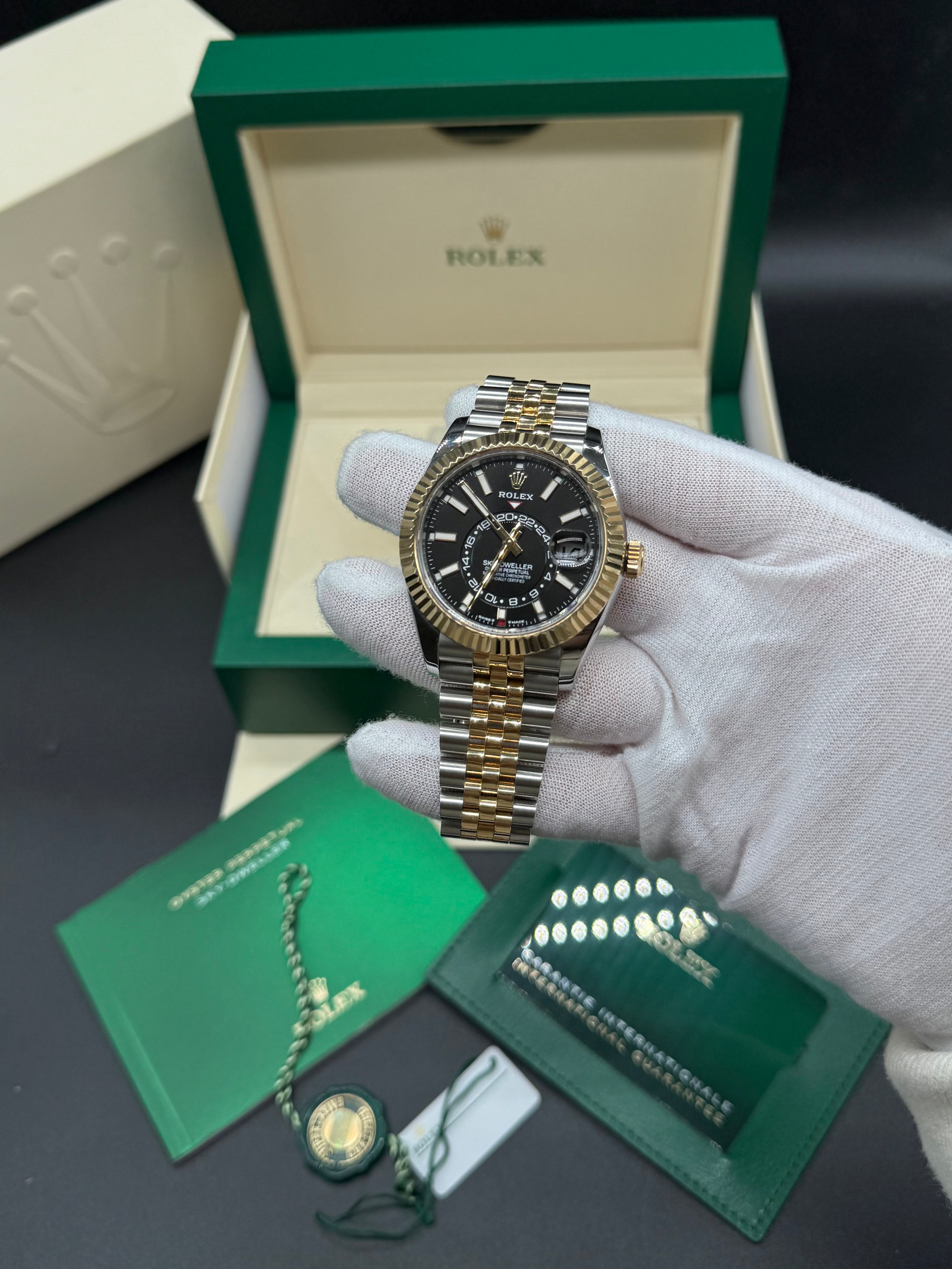 Rolex Sky-Dweller 42mm Two-Tone Stainless Steel & 18K Yellow Gold Black Dial Fluted Bezel Jubilee Bracelet