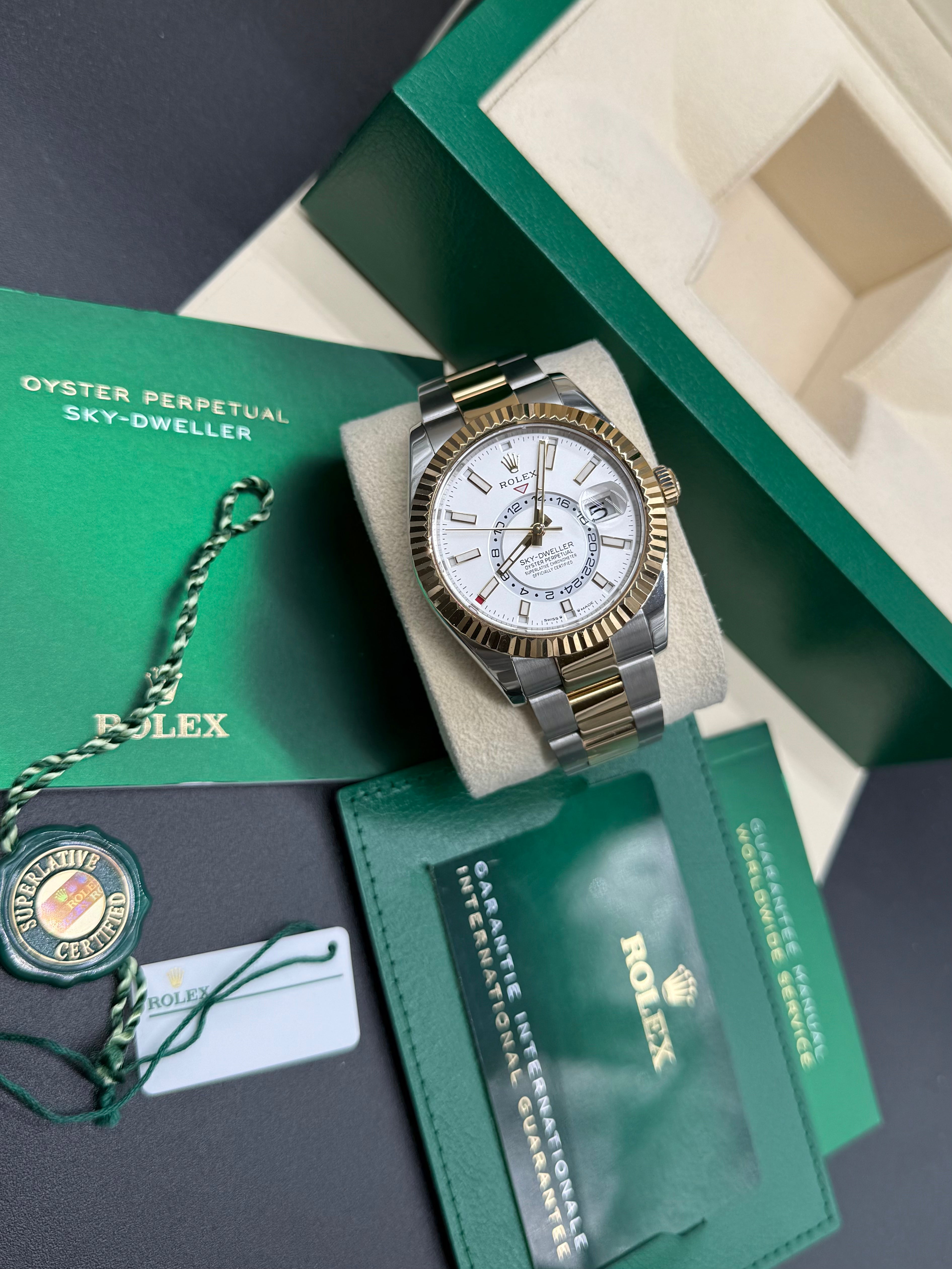 Rolex Sky-Dweller 42mm Two-Tone Stainless Steel & 18K Yellow Gold White Dial Fluted Bezel Oyster Bracelet