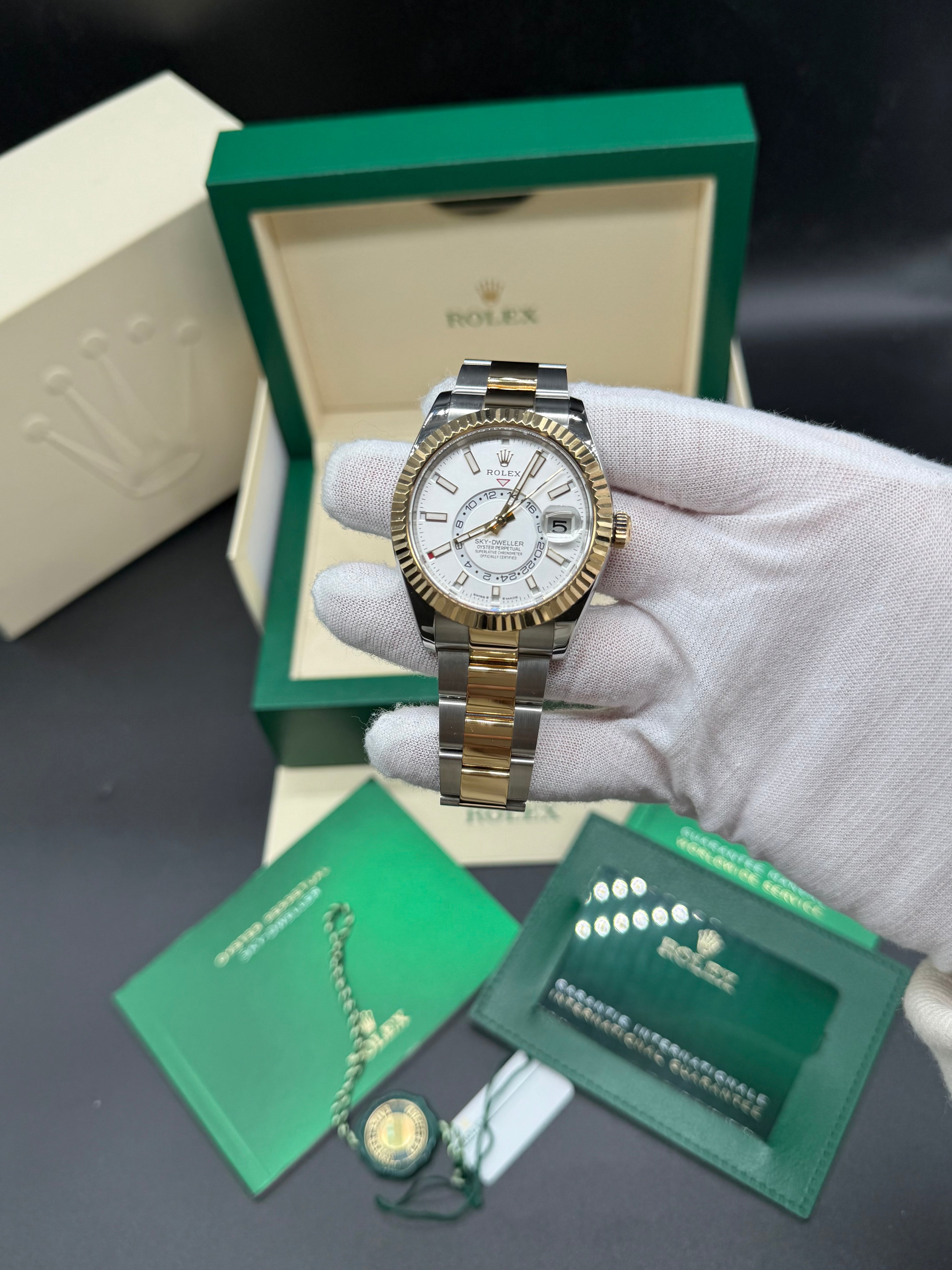 Rolex Sky-Dweller 42mm Two-Tone Stainless Steel & 18K Yellow Gold White Dial Fluted Bezel Oyster Bracelet