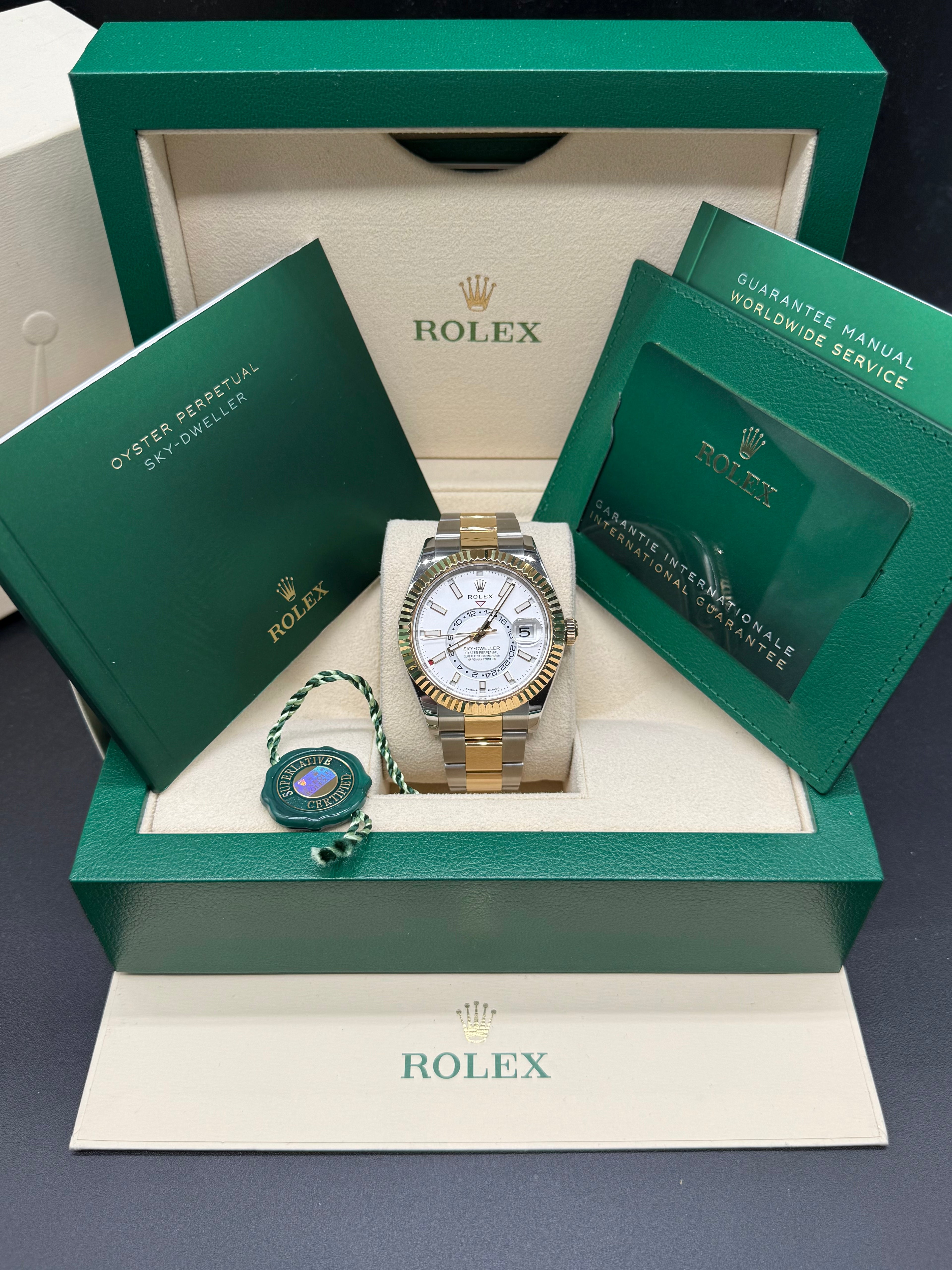 Rolex Sky-Dweller 42mm Two-Tone Stainless Steel & 18K Yellow Gold White Dial Fluted Bezel Oyster Bracelet