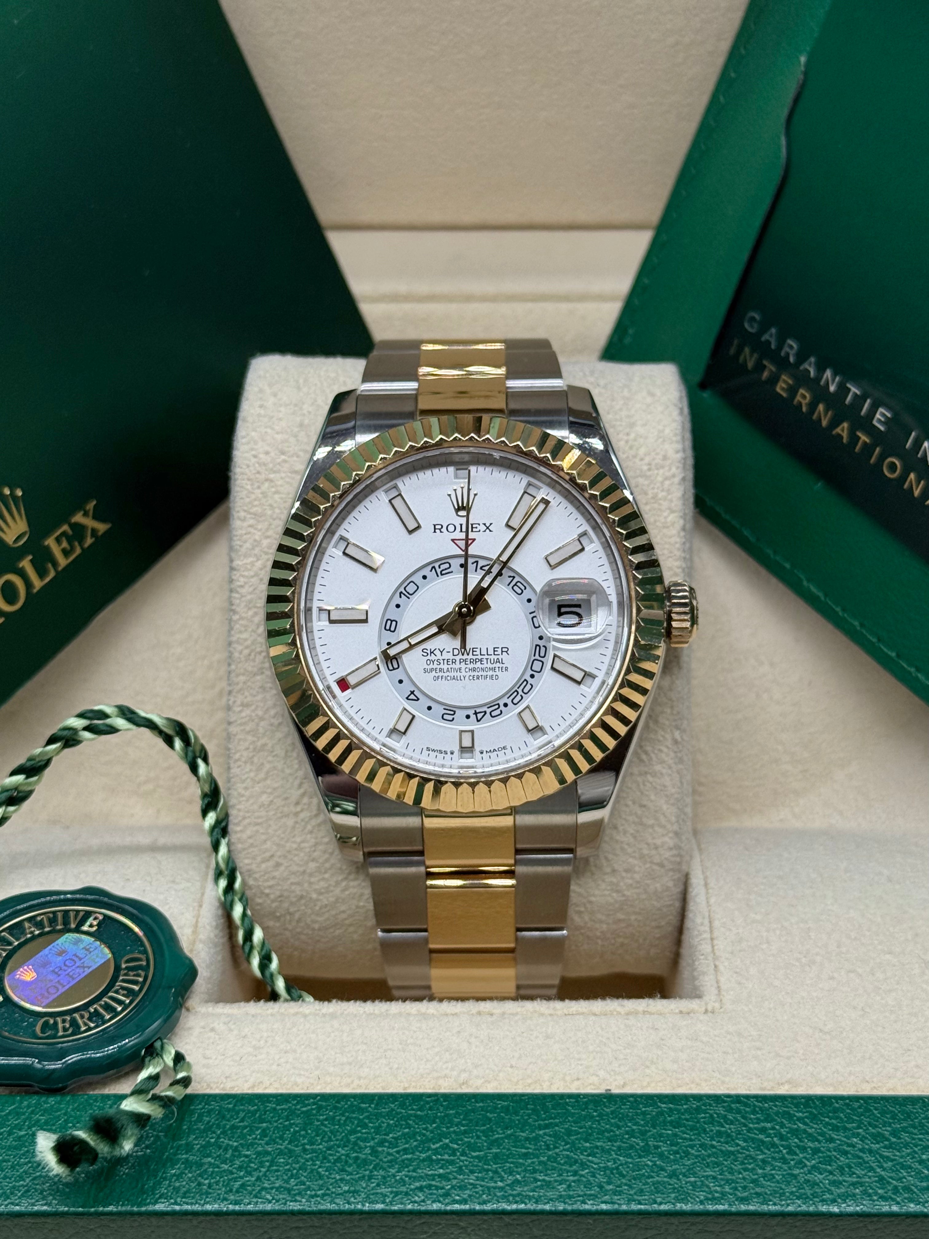 Rolex Sky-Dweller 42mm Two-Tone Stainless Steel & 18K Yellow Gold White Dial Fluted Bezel Oyster Bracelet