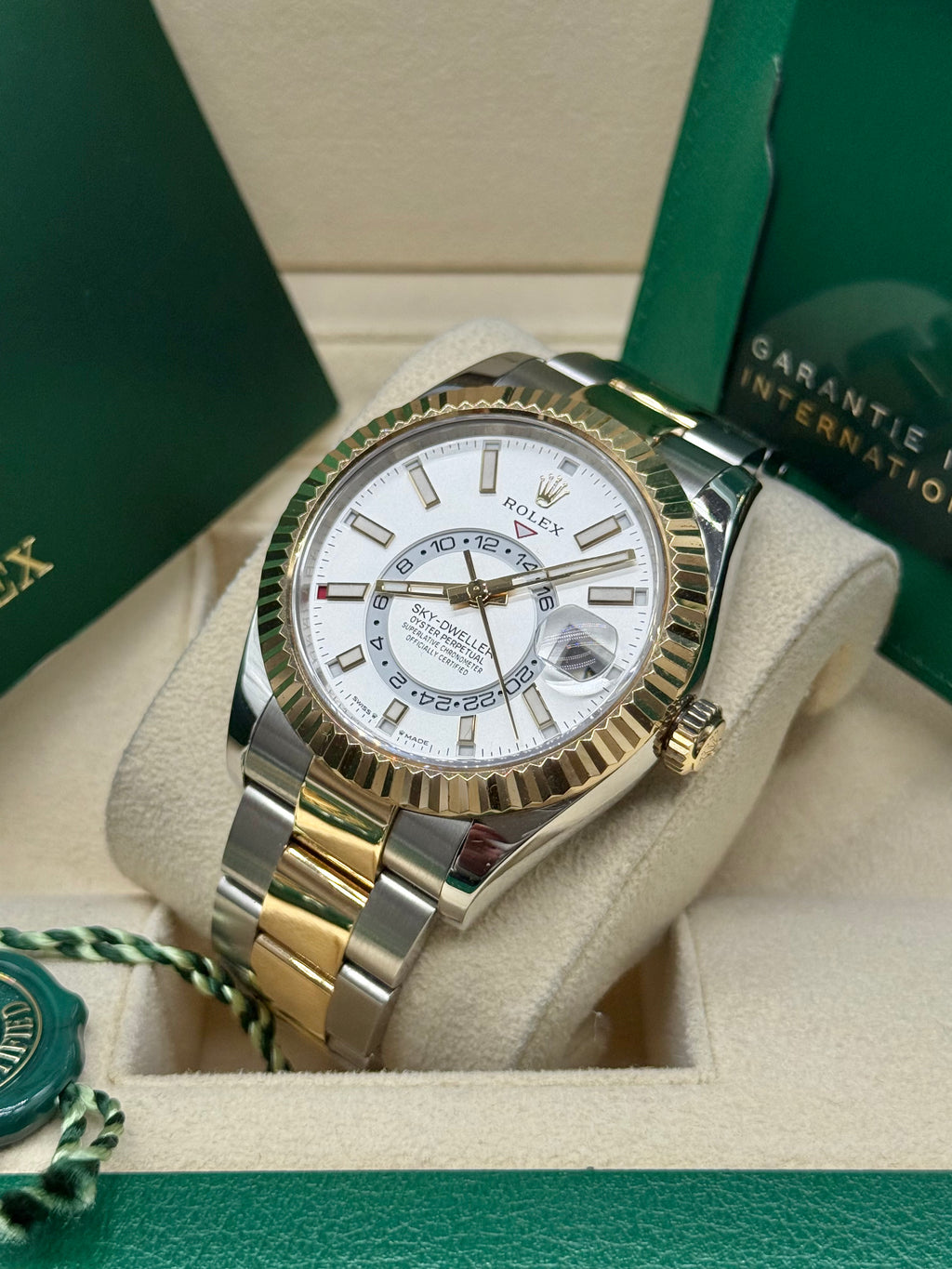 Rolex Sky-Dweller 42mm Two-Tone Stainless Steel & 18K Yellow Gold White Dial Fluted Bezel Oyster Bracelet