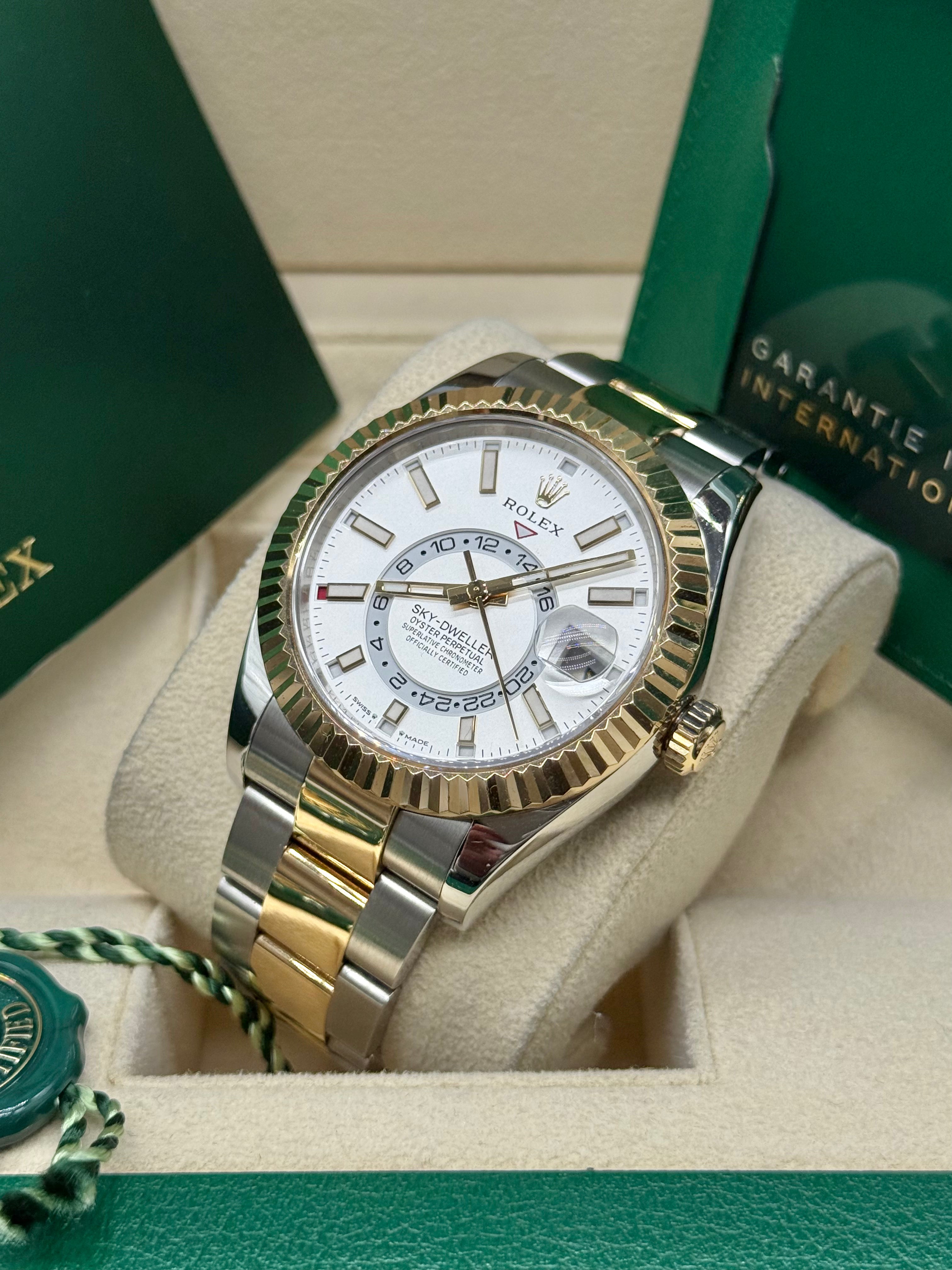 Rolex Sky-Dweller 42mm Two-Tone Stainless Steel & 18K Yellow Gold White Dial Fluted Bezel Oyster Bracelet