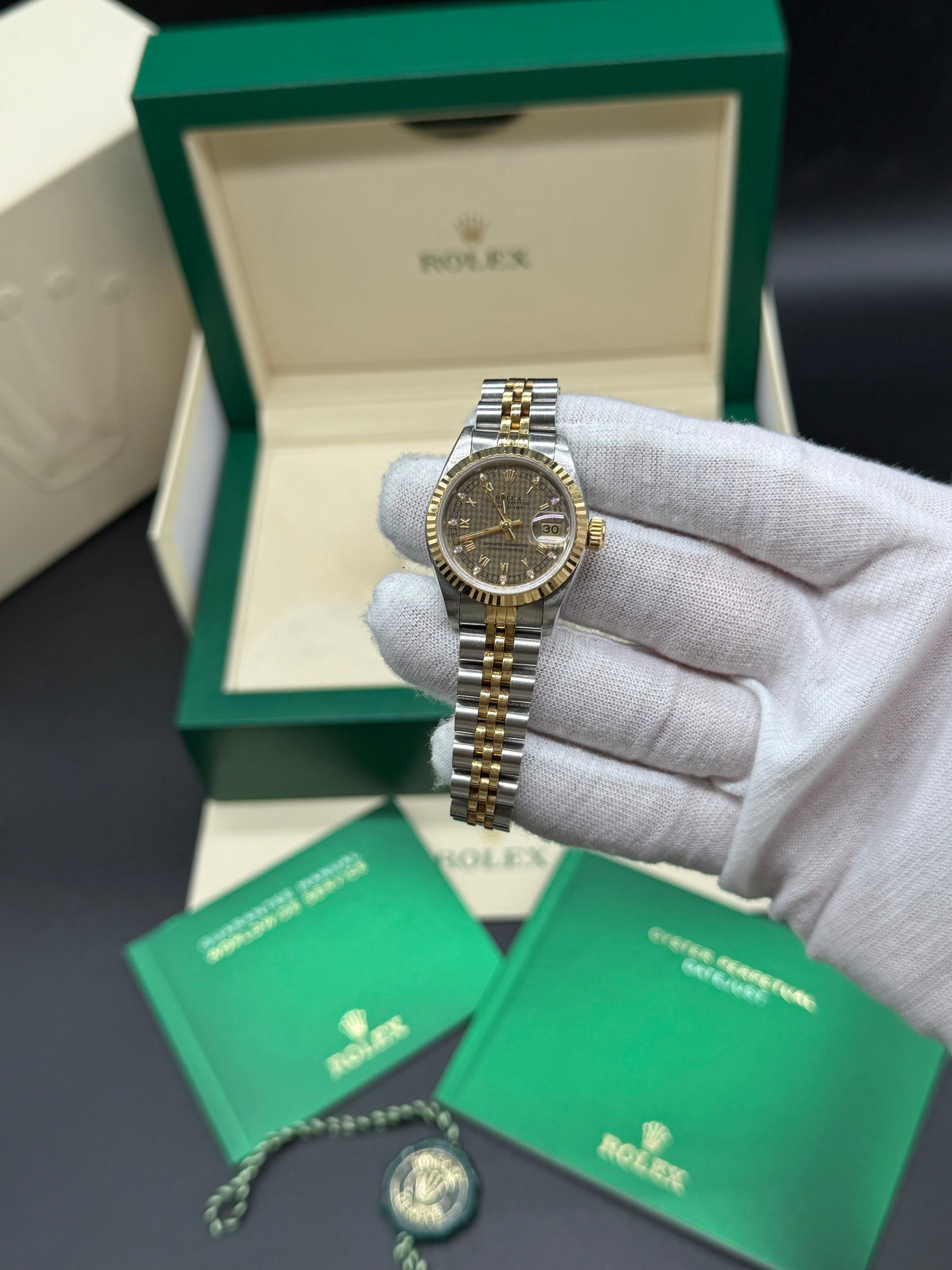 Rolex Lady-Datejust 26mm Two-Tone Steel & 18K Gold Champagne Houndstooth Diamond Dial Jubilee Bracelet