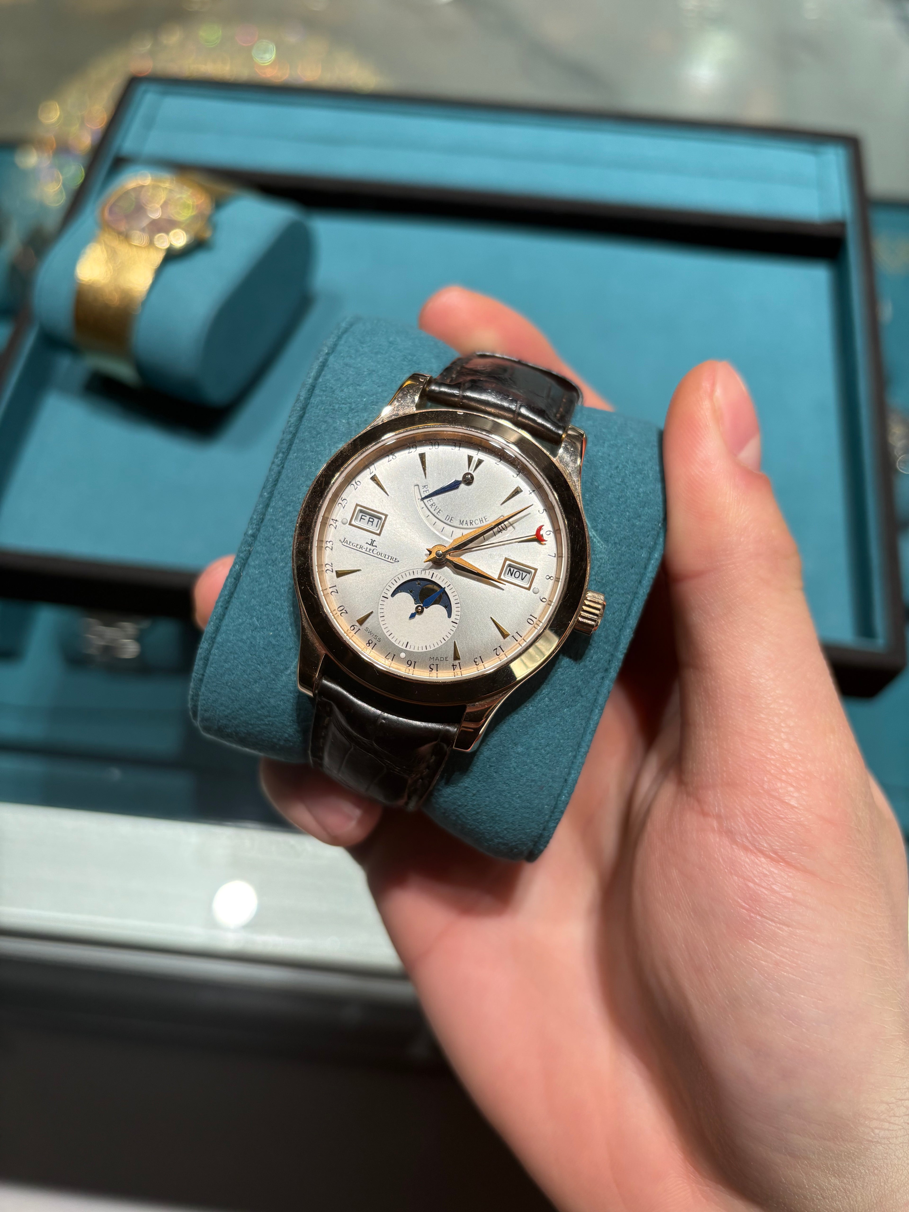 Jaeger-LeCoultre Master Calendar Moonphase Rose Gold Silver Dial Brown Leather Strap