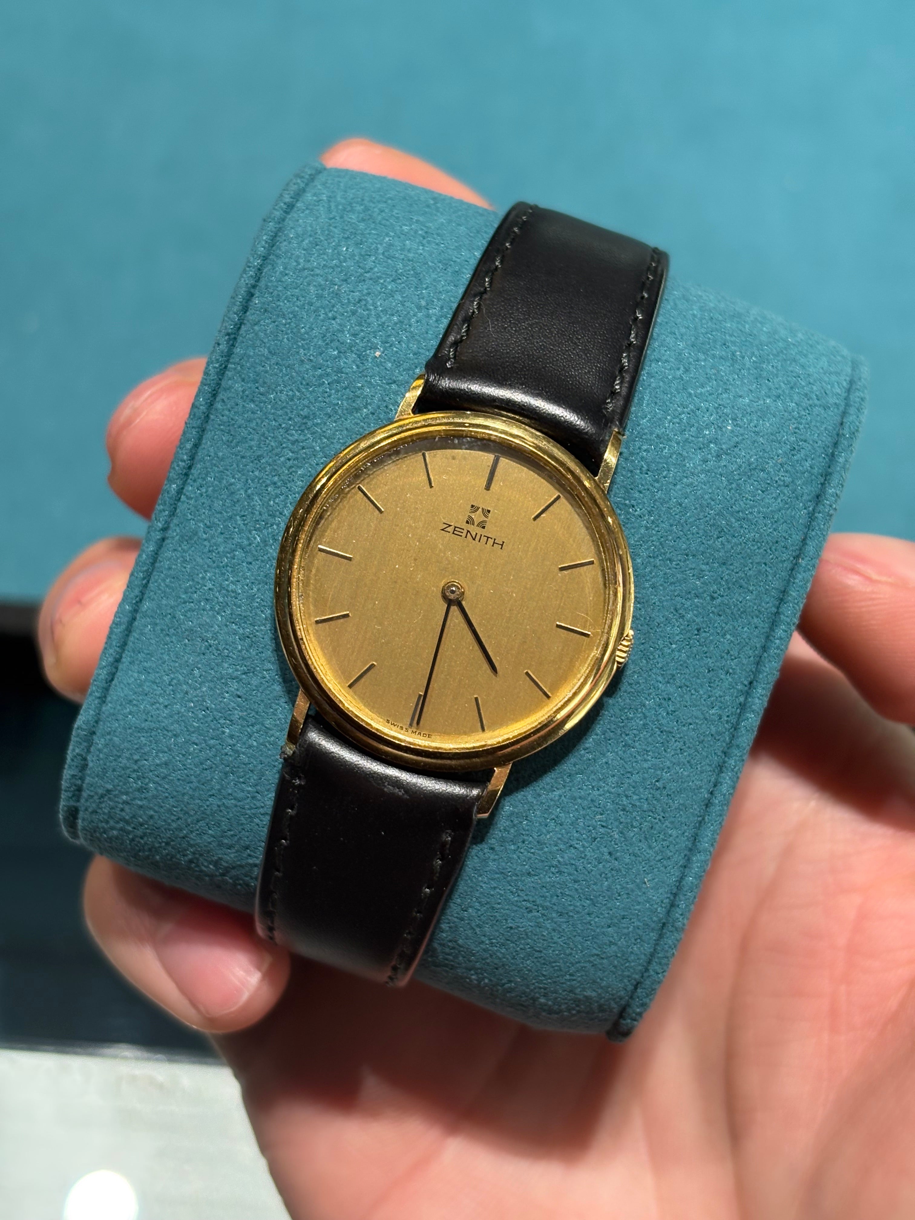 Zenith Vintage Dress Watch Yellow Gold Champagne Dial Black Leather Strap