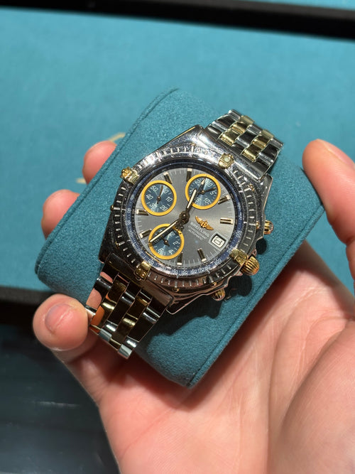 Breitling Chronomat Automatic Two Tone Steel and Gold Grey Dial Jubilee Bracelet at Adonia Jewellers in Yorkville, Toronto