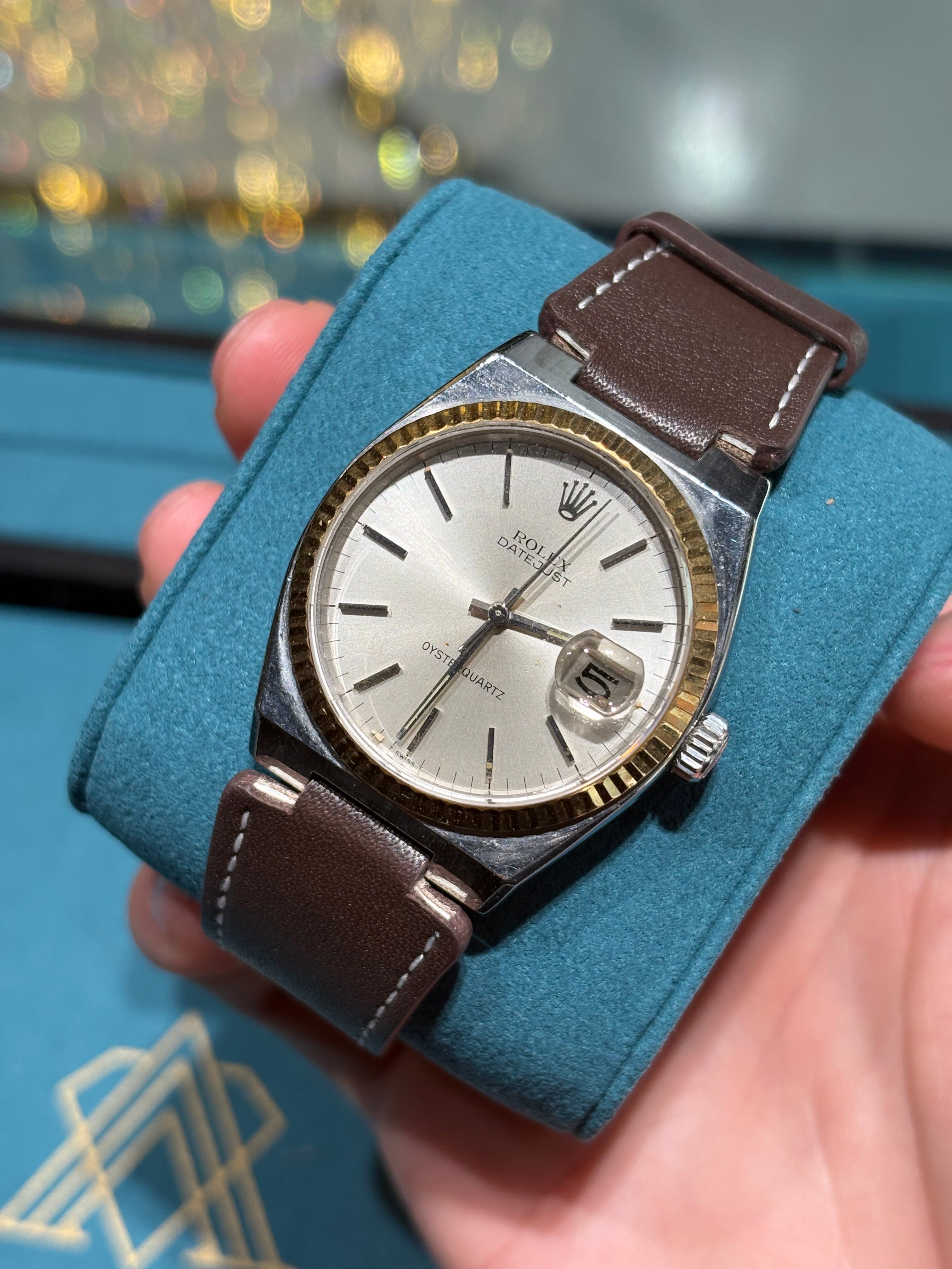 Rolex Datejust OysterQuartz Two-Tone Steel & Gold Silver Dial Brown Leather Strap