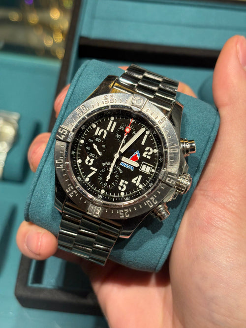 Breitling Super Avenger Chronograph Steel Black Dial NHLPA Edition Steel Bracelet at Adonia Jewellers in Yorkville, Toronto