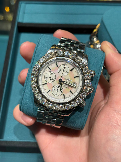 Breitling Chronomat Automatic Steel Mother of Pearl Diamond Bezel Steel Bracelet at Adonia Jewellers in Yorkville, Toronto