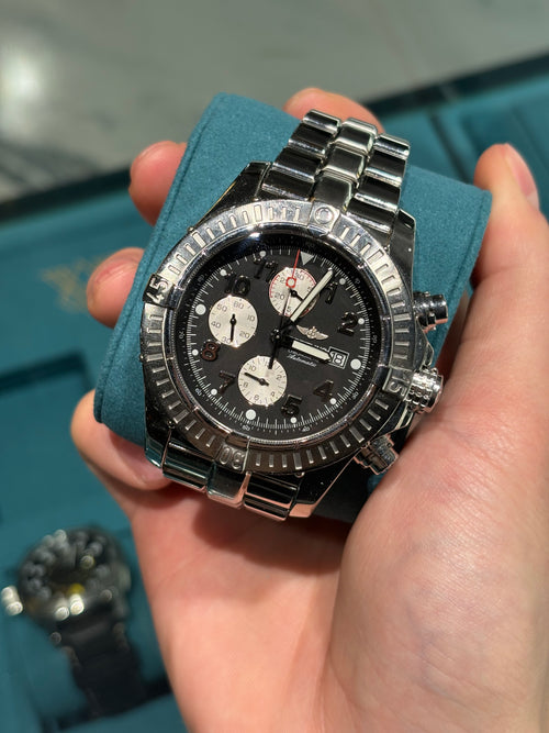 Breitling Super Avenger Chronograph Steel Black and White Dial Steel Bracelet at Adonia Jewellers in Yorkville, Toronto