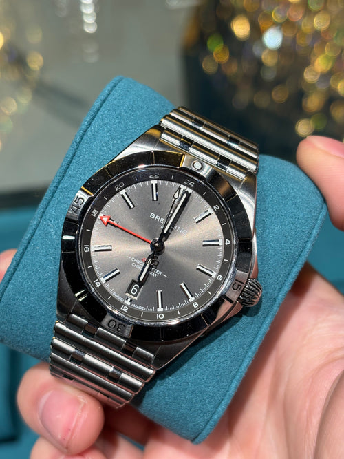 Breitling Chronomat GMT Automatic 40mm Steel Grey Dial Black Ceramic Bezel at Adonia Jewellers in Yorkville, Toronto