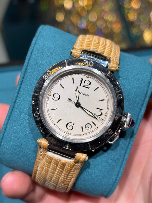 Cartier Pasha de Cartier 38mm Vintage Steel Ivory Dial Rotating Bezel at Adonia Jewellers in Yorkville, Toronto