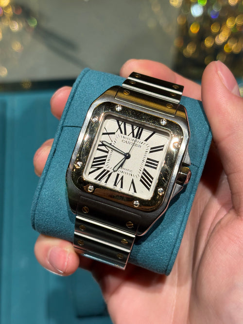 Cartier Santos 100 XL 38mm Steel Automatic Ivory Dial Steel Bracelet at Adonia Jewellers in Yorkville, Toronto