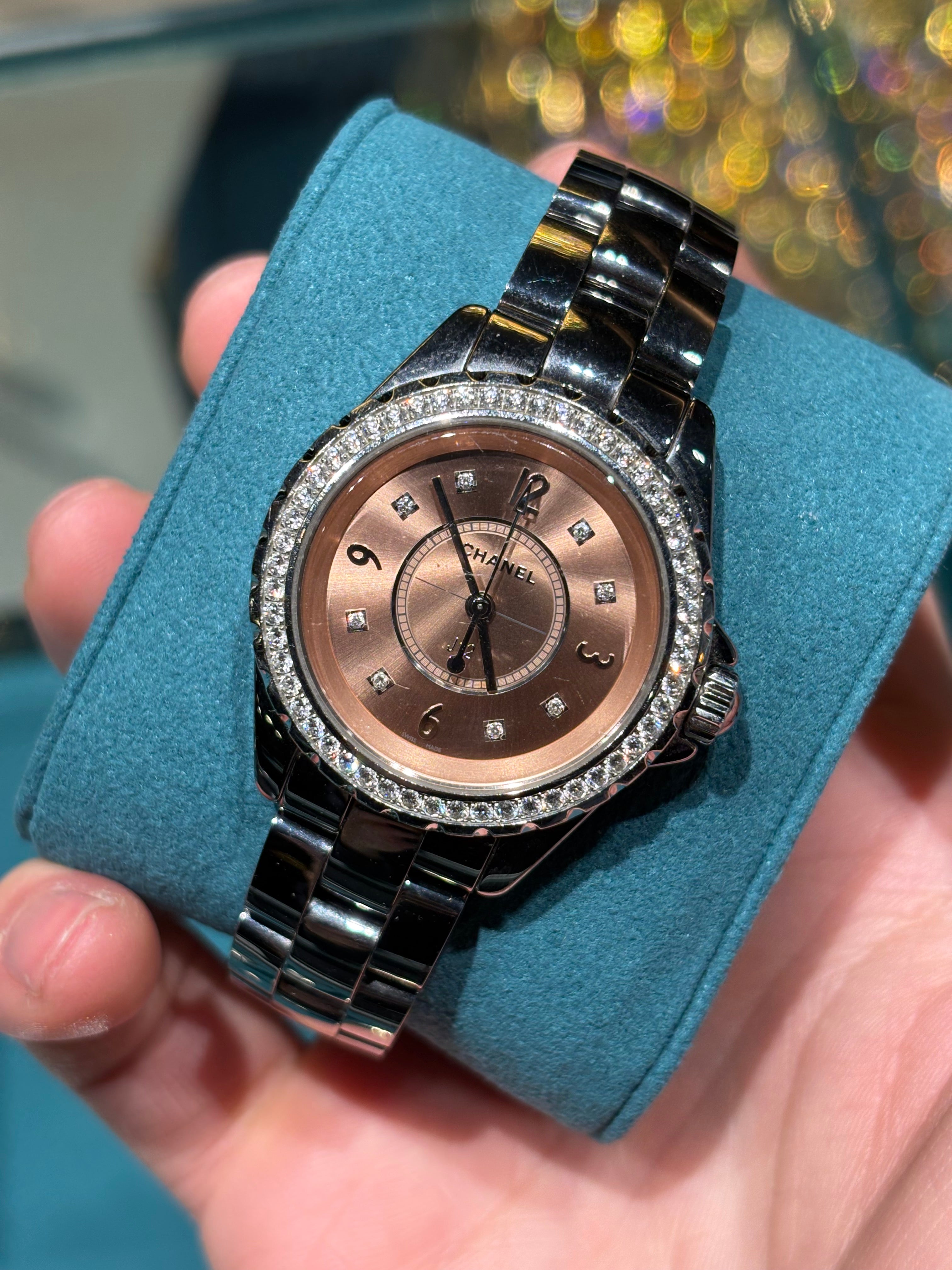 Chanel J12 38mm Black Ceramic Diamond Bezel Rose Pink Dial Diamond Markers