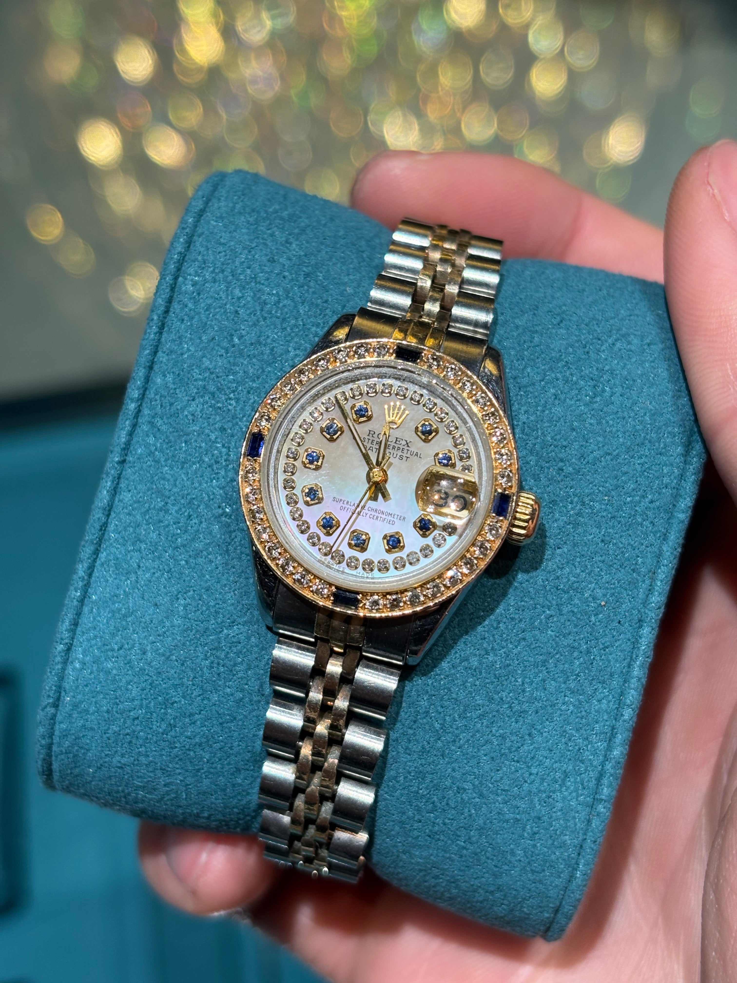 Rolex Datejust 26mm Two-Tone Steel & 18K Gold MOP Diamond & Sapphire Dial Diamond Sapphire Bezel Jubilee Bracelet