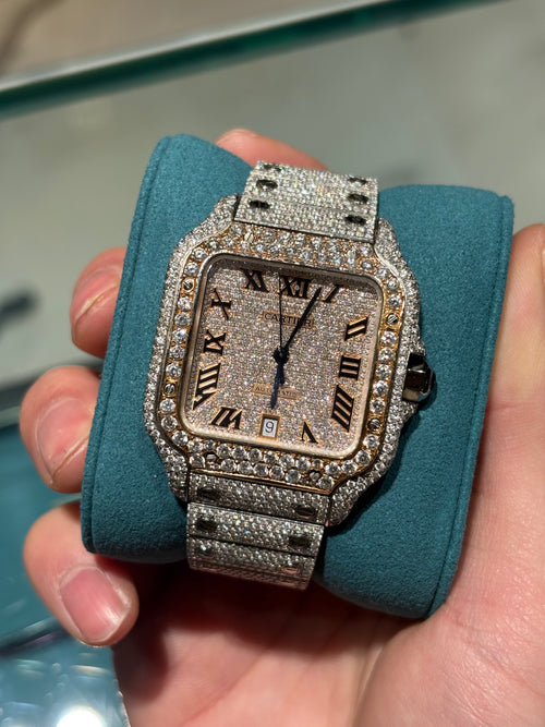 Cartier Santos de Cartier Large 40mm Two Tone Steel and Rose Gold Full Diamond Iced Out Pave Dial at Adonia Jewellers in Yorkville, Toronto