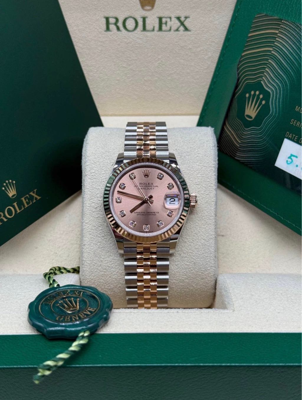 Rolex Datejust 31mm ref 278271 two tone Everose Rolesor Sundust diamond dial on Jubilee bracelet at Adonia Jewellers in Yorkville, Toronto