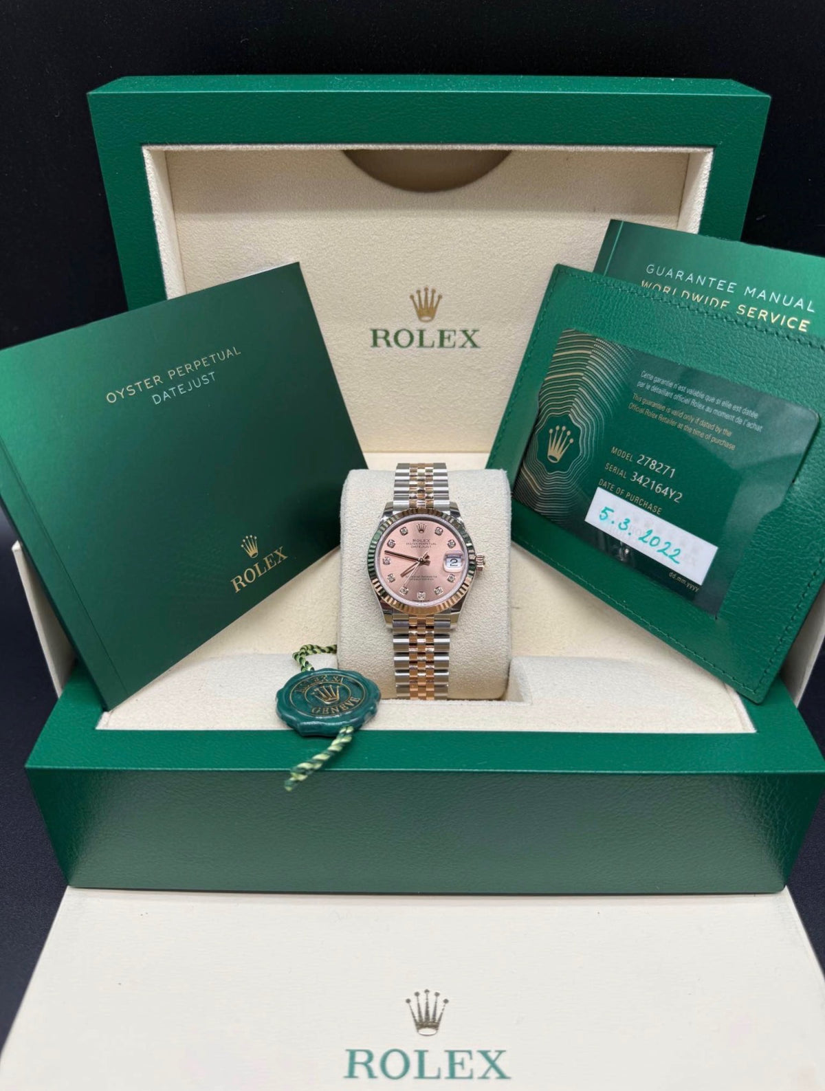 Rolex Datejust 31 Sundust diamond dial full set in its green Rolex box with 2022 warranty card, booklets and hang tag