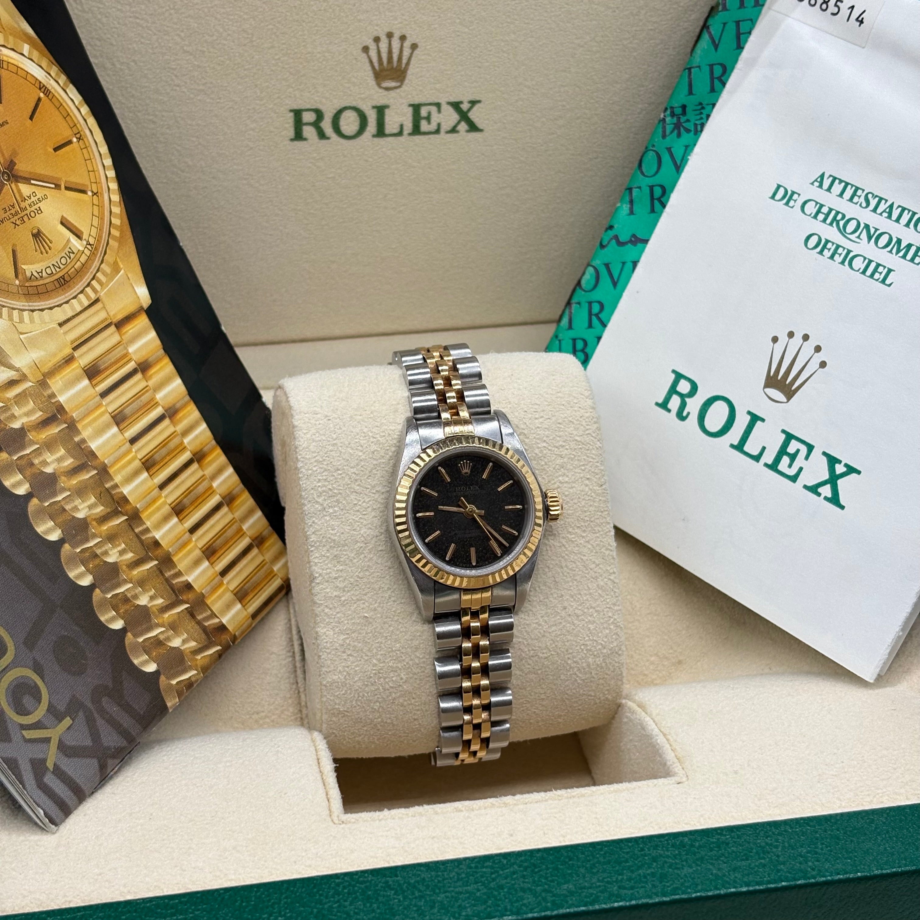 Rolex Lady-Oyster Perpetual Two-Tone Yellow Gold Black Shimmer Index Dial Jubilee Bracelet 67193 Full Set