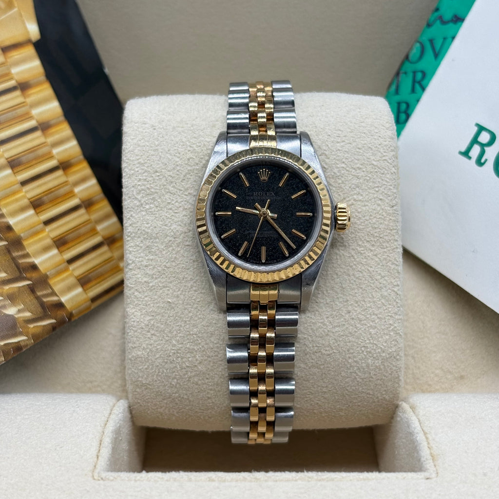 Rolex Lady-Oyster Perpetual Two-Tone Yellow Gold Black Shimmer Index Dial Jubilee Bracelet 67193 Full Set