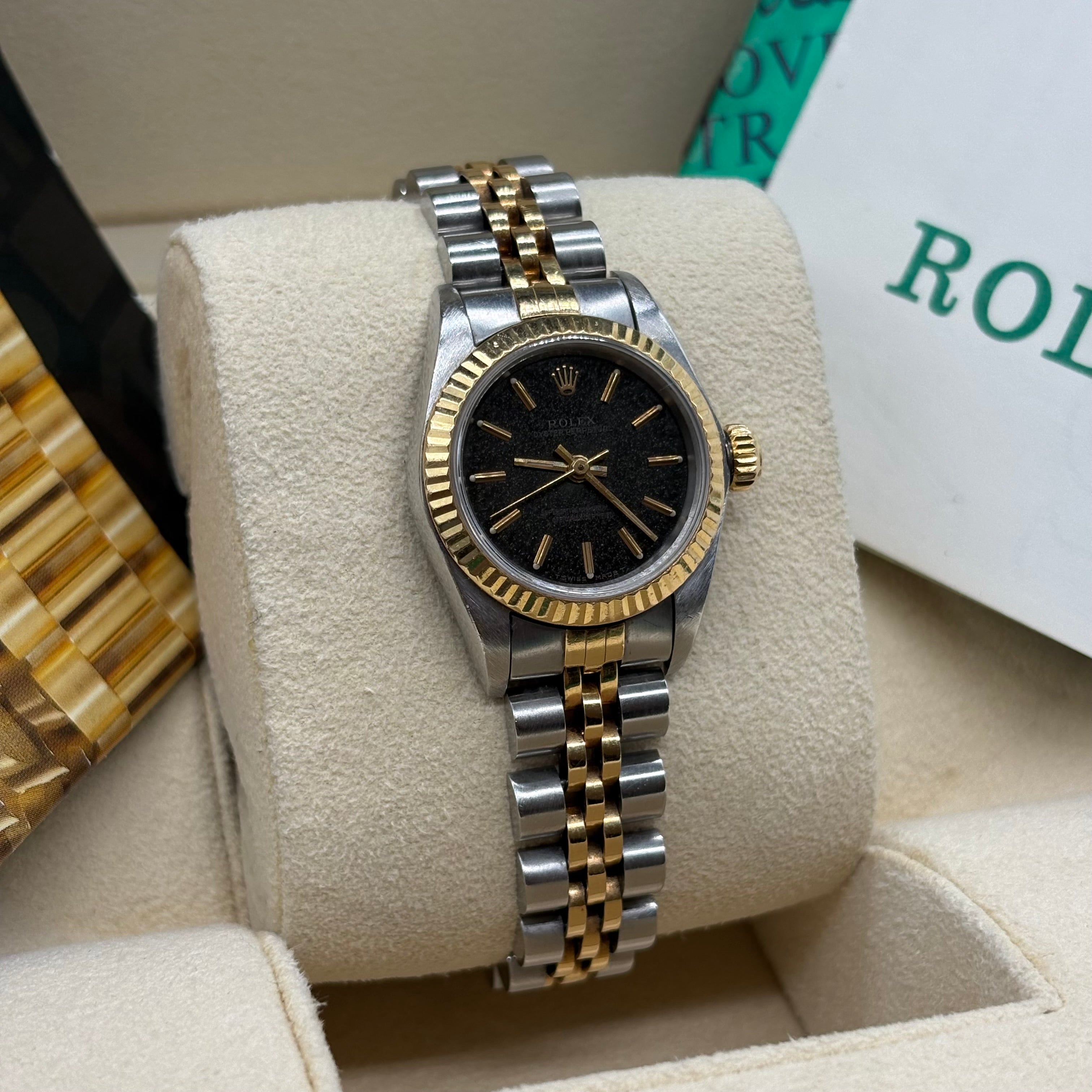 Rolex Lady-Oyster Perpetual Two-Tone Yellow Gold Black Shimmer Index Dial Jubilee Bracelet 67193 Full Set