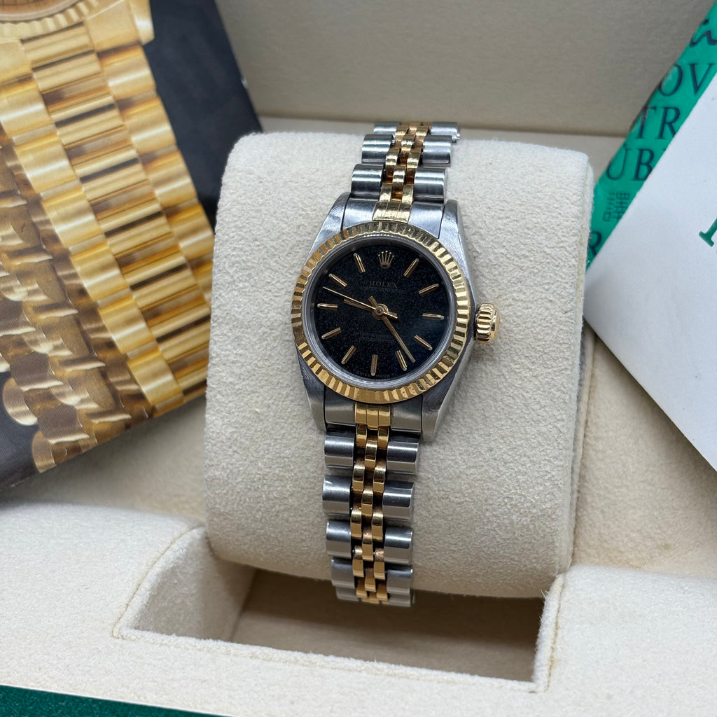 Rolex Lady-Oyster Perpetual Two-Tone Yellow Gold Black Shimmer Index Dial Jubilee Bracelet 67193 Full Set