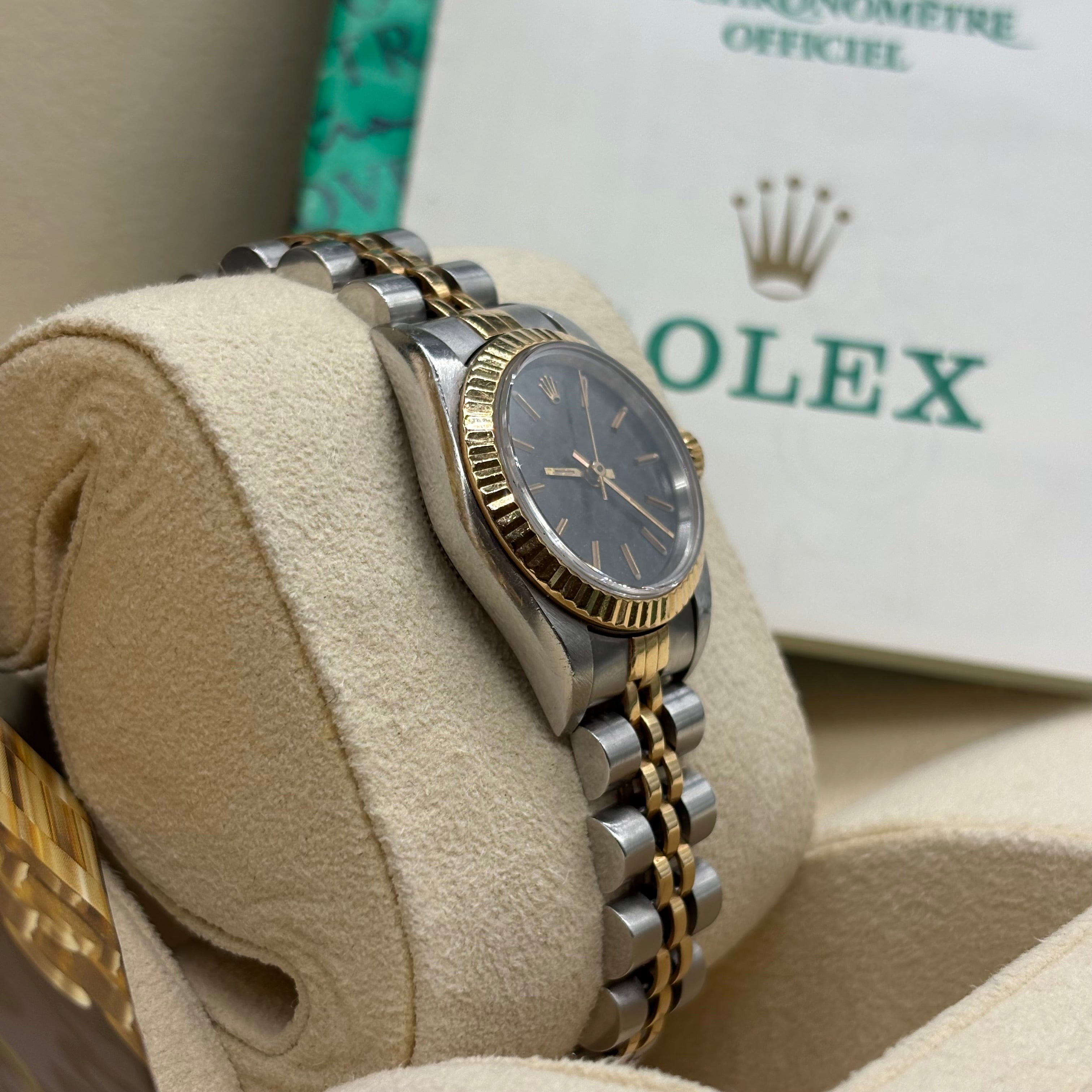 Rolex Lady-Oyster Perpetual Two-Tone Yellow Gold Black Shimmer Index Dial Jubilee Bracelet 67193 Full Set
