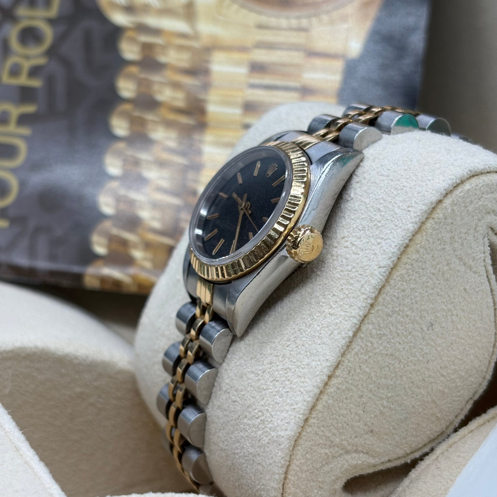 Rolex Lady-Oyster Perpetual Two-Tone Yellow Gold Black Shimmer Index Dial Jubilee Bracelet 67193 Full Set