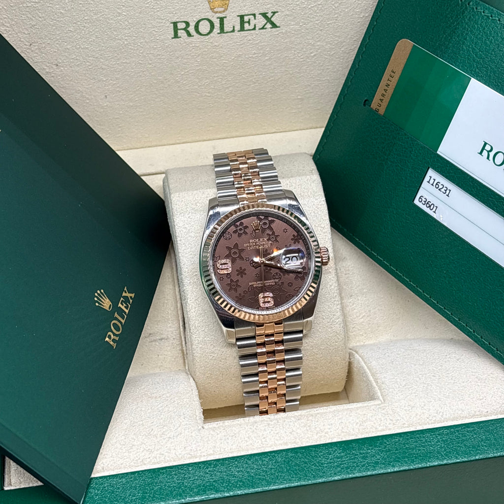 Rolex Datejust 36mm Chocolate Floral Dial Hidden Clasp