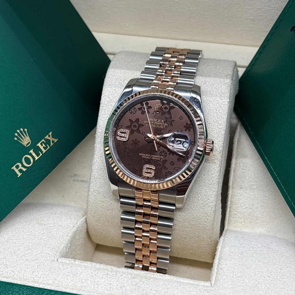 Rolex Datejust 36mm Chocolate Floral Dial Hidden Clasp