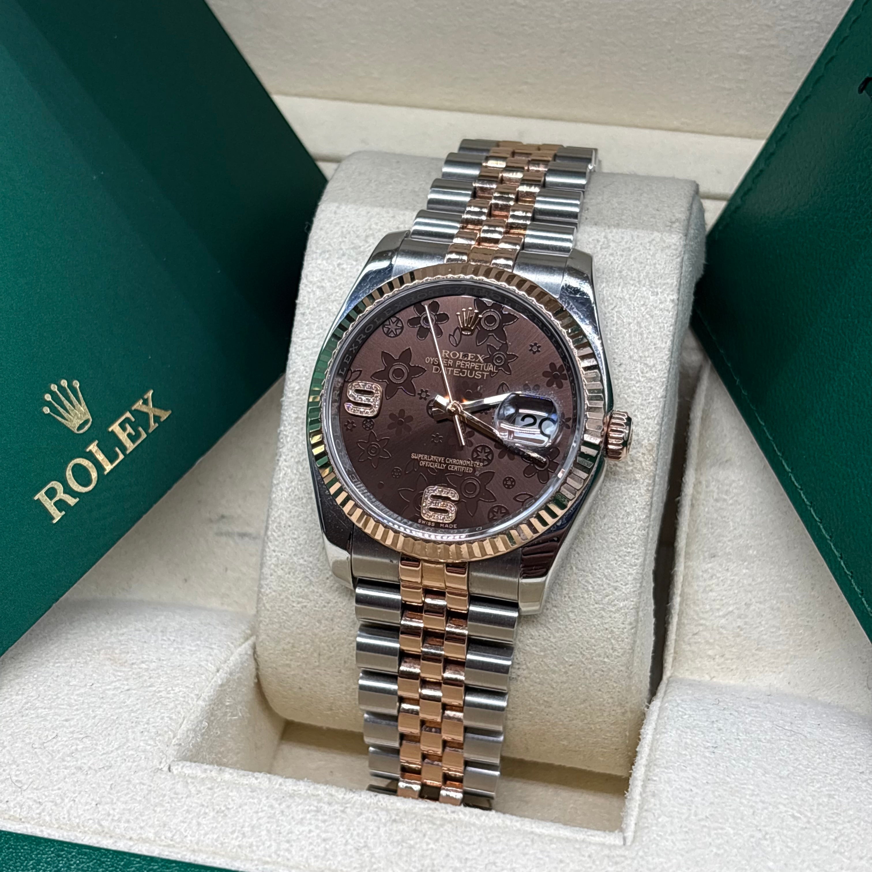 Rolex Datejust 36mm Chocolate Floral Dial Hidden Clasp