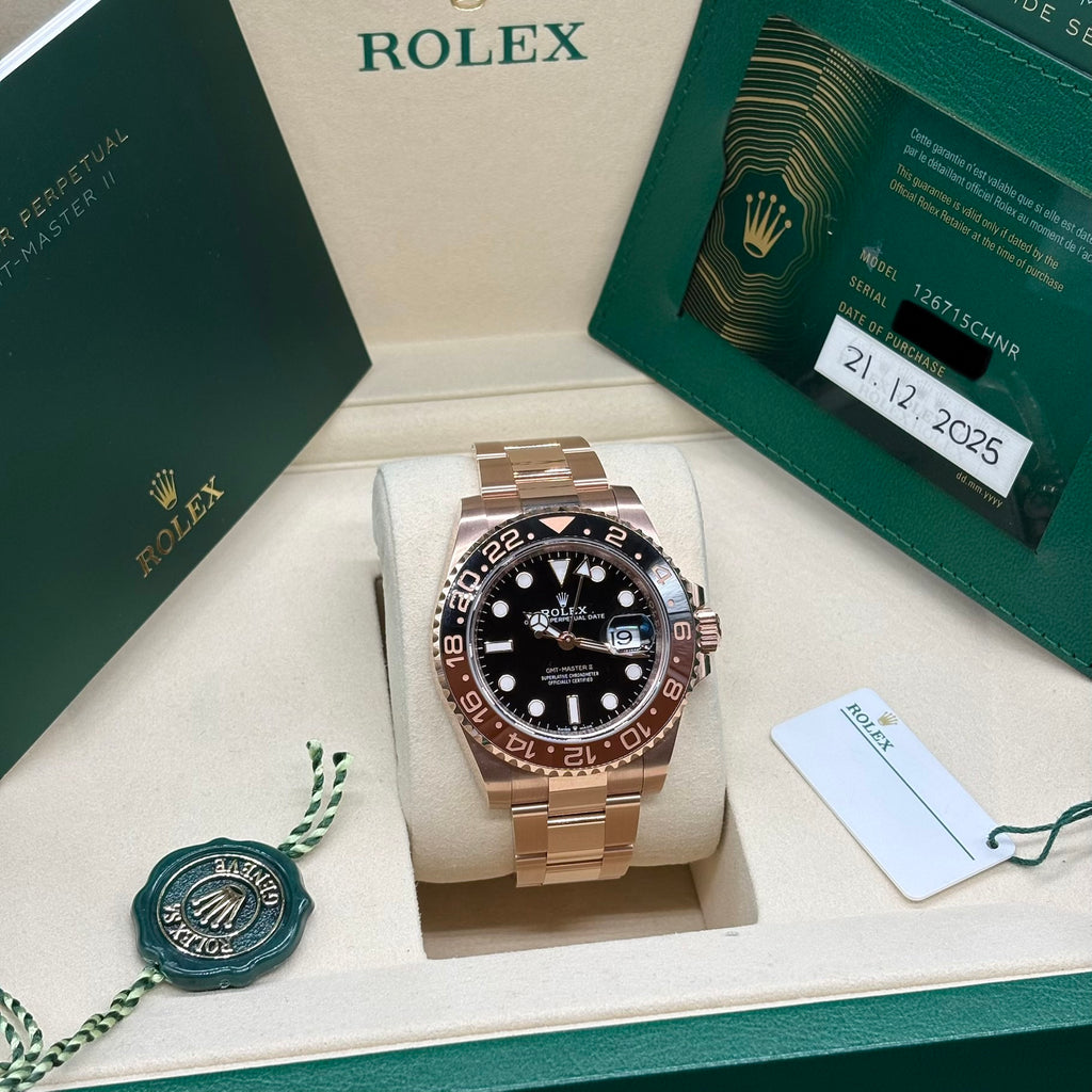 Rolex GMT-Master II 18K Everose Gold Root Beer Black Dial Oyster Bracelet 126715CHNR Full Set