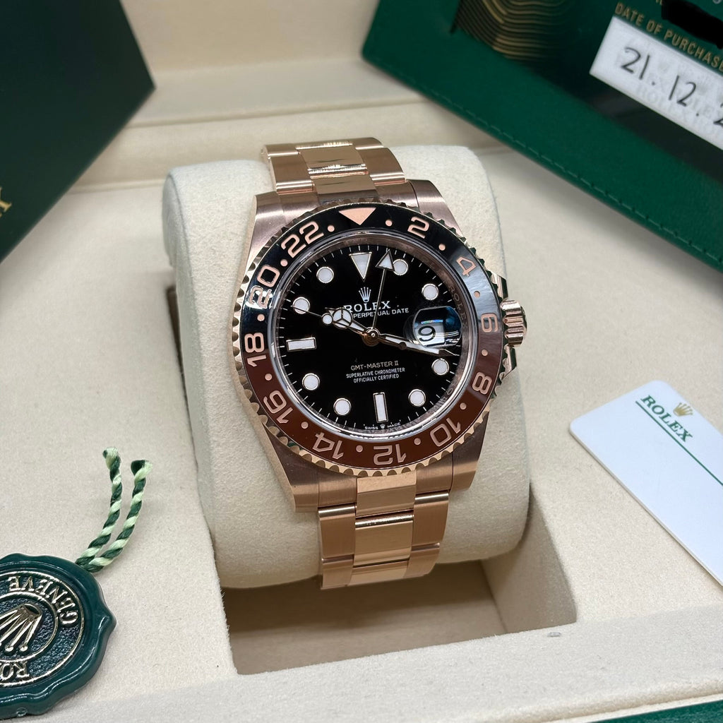 Rolex GMT-Master II 18K Everose Gold Root Beer Black Dial Oyster Bracelet 126715CHNR Full Set