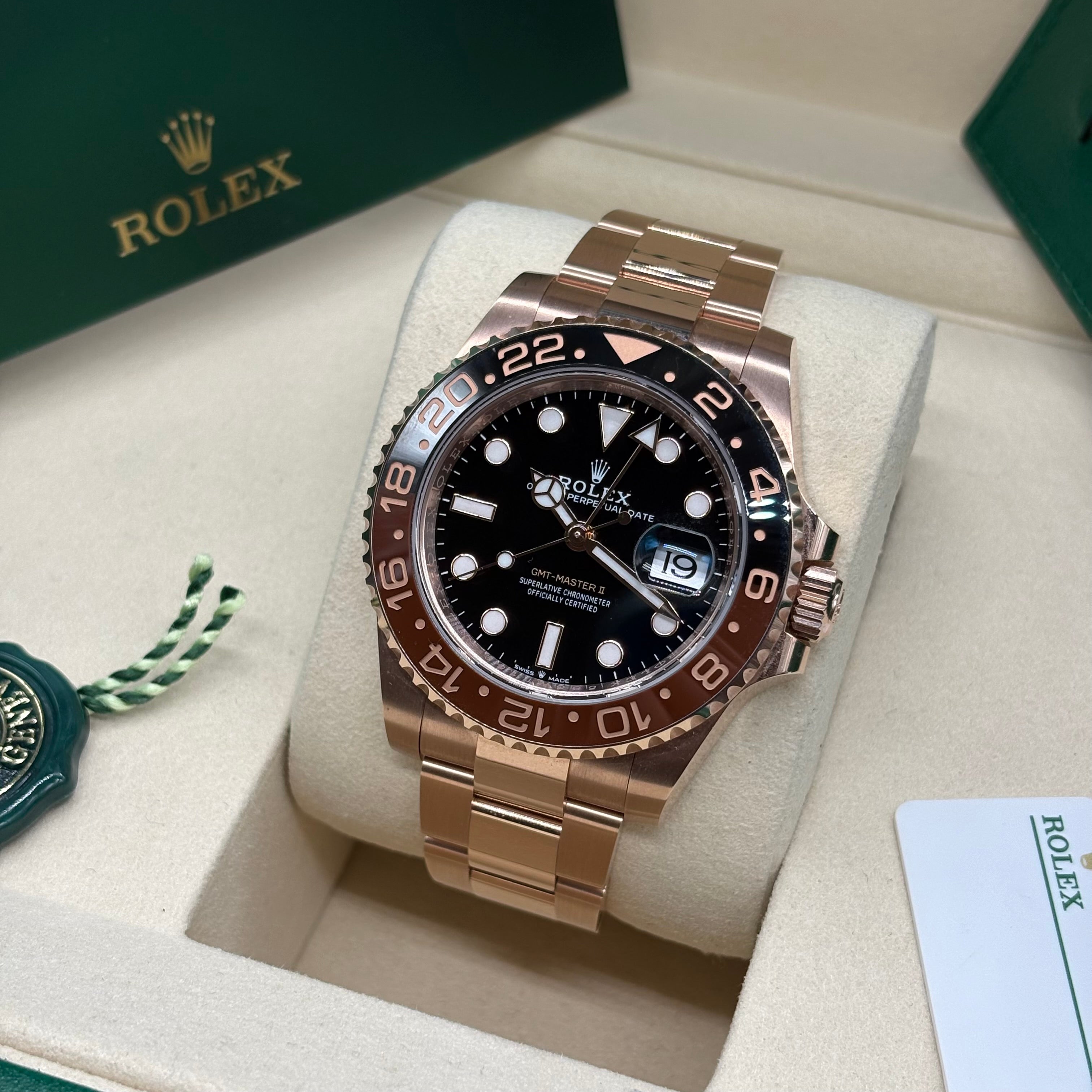 Rolex GMT-Master II 18K Everose Gold Root Beer Black Dial Oyster Bracelet 126715CHNR Full Set