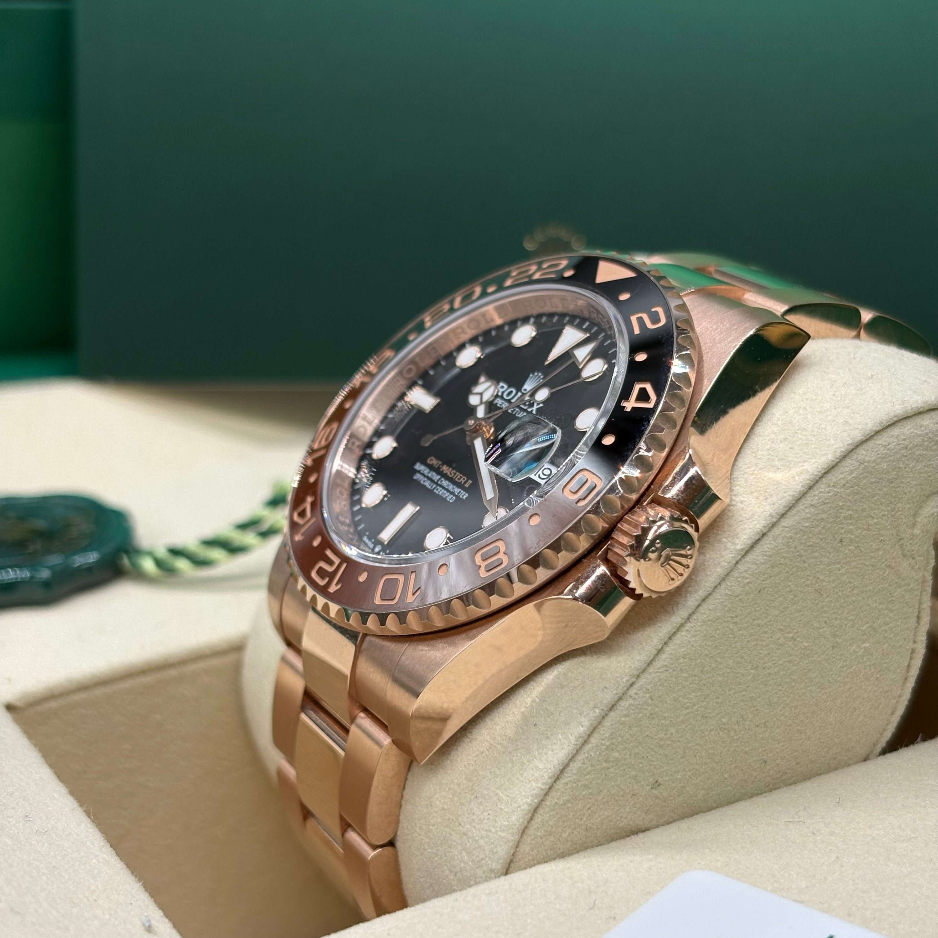Rolex GMT-Master II 18K Everose Gold Root Beer Black Dial Oyster Bracelet 126715CHNR Full Set